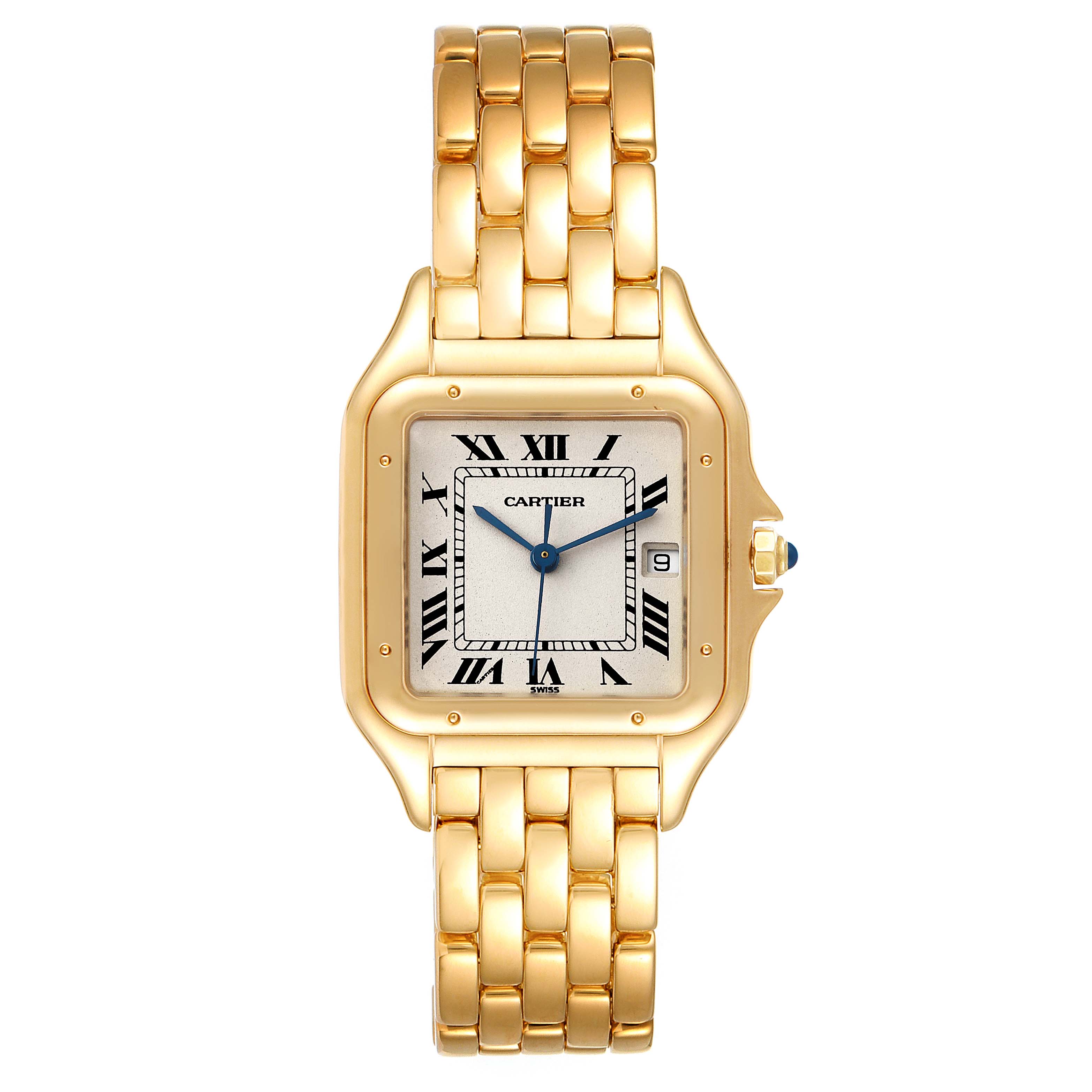 The image shows a Cartier Panthere W25014B9 Men's Yellow Gold Silver Dial W25014B9 Men's Yellow Gold Silver Dial watch from the front, highlighting its gold case, bracelet, and Roman numeral dial.