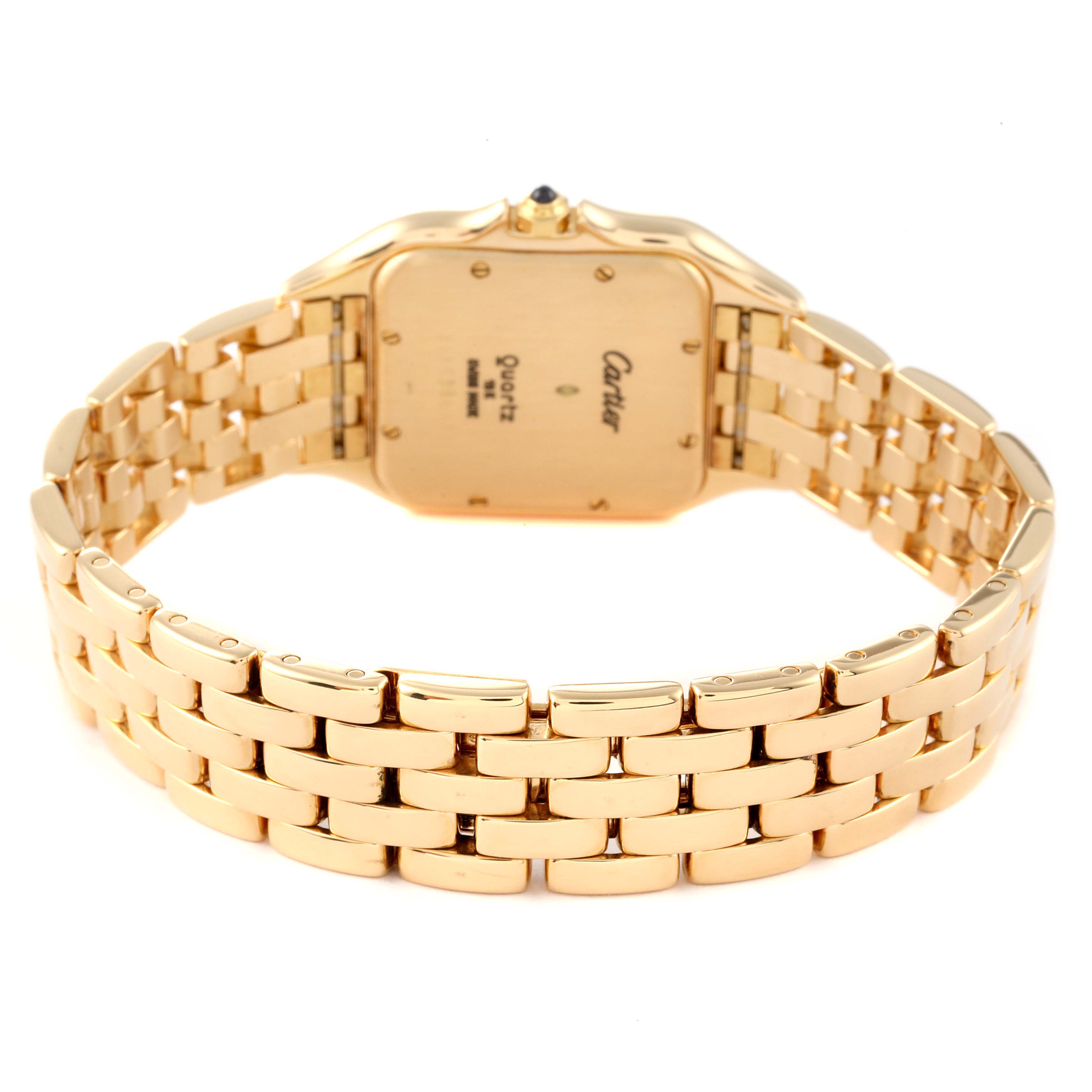 This image shows the back and bracelet of a Cartier Panthere W25014B9 Men's Yellow Gold Silver Dial W25014B9 Men's Yellow Gold Silver Dial watch, angled to display the case back and gold links.