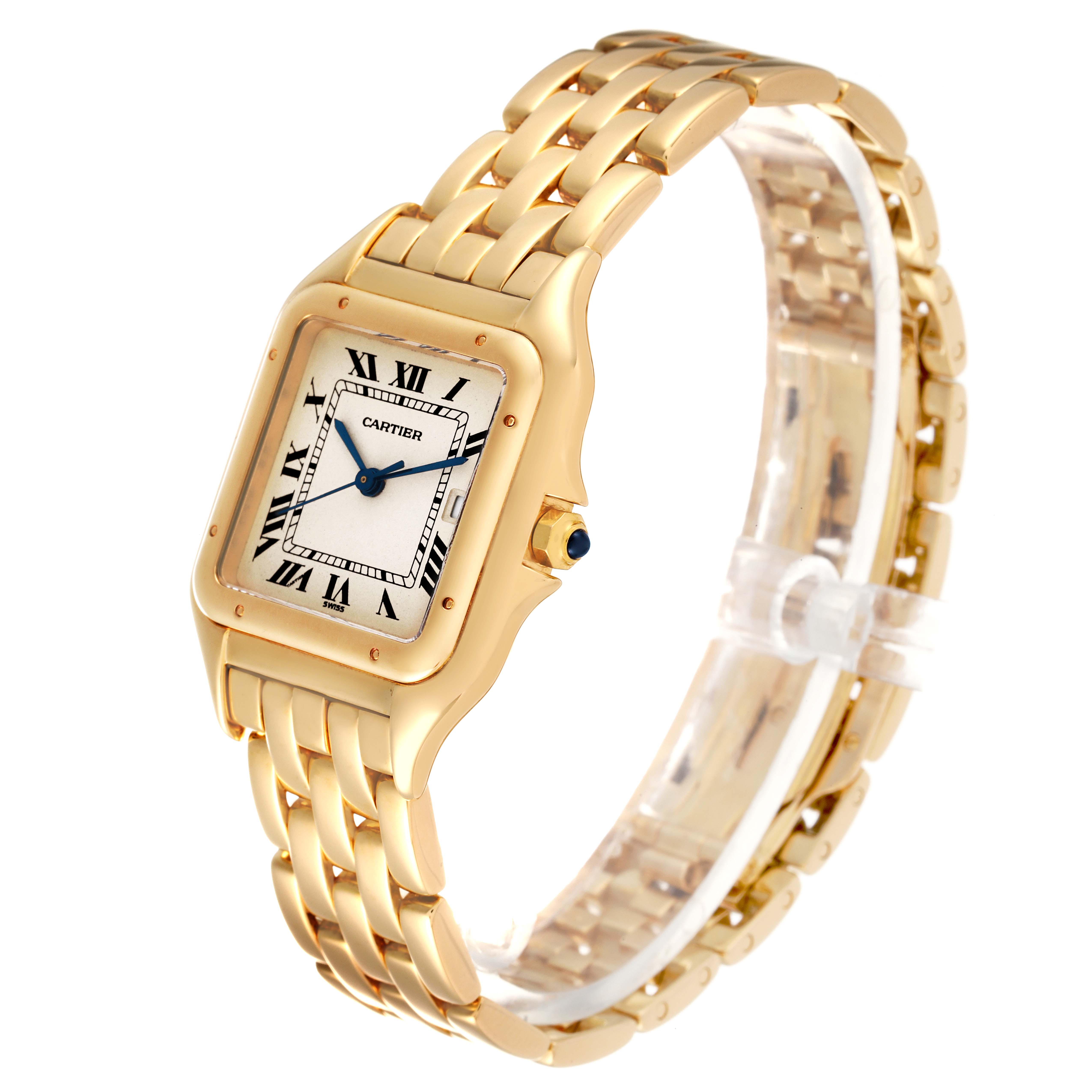 This image shows a side angle of the Cartier Panthere W25014B9 Men's Yellow Gold Silver Dial W25014B9 Men's Yellow Gold Silver Dial watch, highlighting its gold bracelet and square dial.