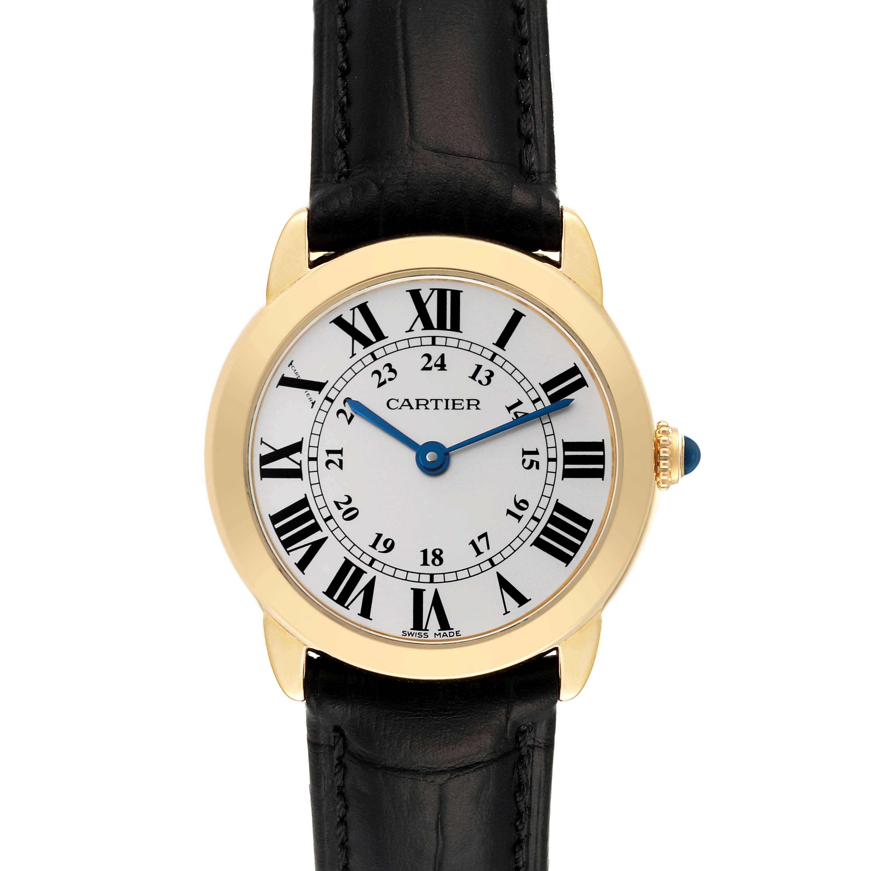 This image shows a front view of the Cartier Ronde W6700355 Women's Steel and Gold (two tone) Silver Dial W6700355 Women's Steel and Gold (two tone) Silver Dial watch, featuring a gold case, Roman numerals, and a black leather strap.