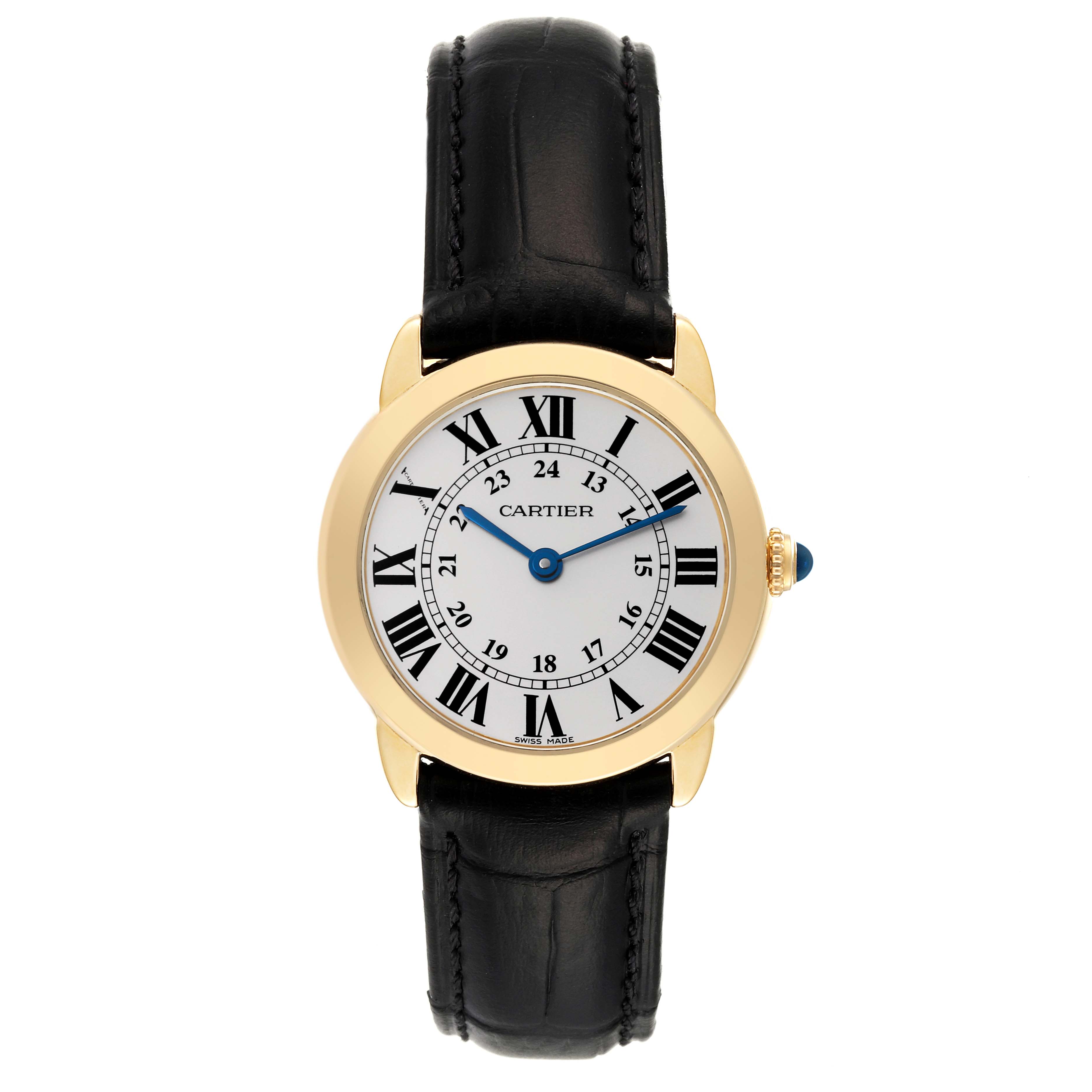 The image shows a front view of a Ronde model Cartier watch with a black leather strap, gold case, and Roman numeral dial.