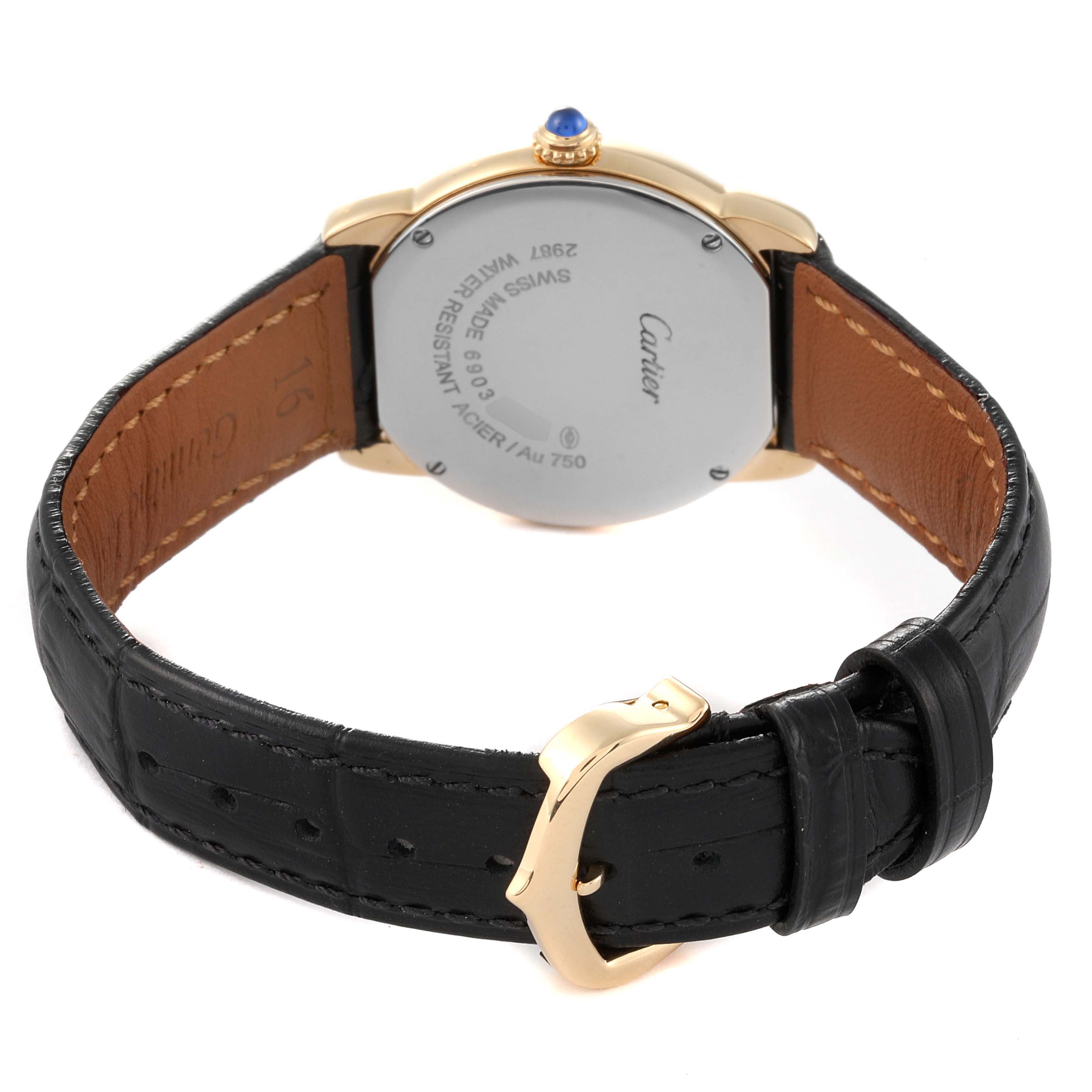 The image shows the back of a Cartier Ronde W6700355 Women's Steel and Gold (two tone) Silver Dial W6700355 Women's Steel and Gold (two tone) Silver Dial watch, highlighting the case back, strap, and buckle.