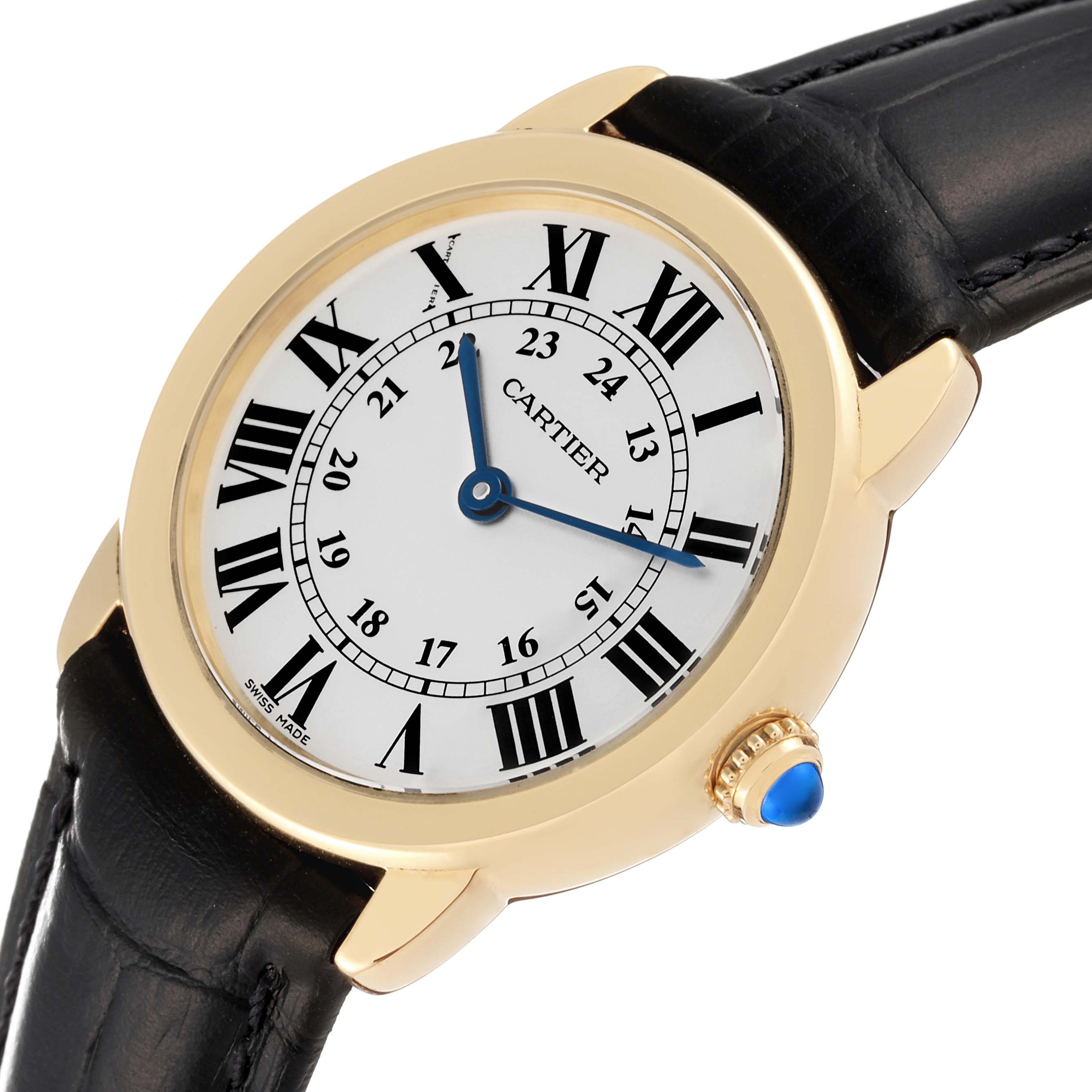 The image shows a Cartier Ronde W6700355 Women's Steel and Gold (two tone) Silver Dial W6700355 Women's Steel and Gold (two tone) Silver Dial watch at a slight angle, focusing on its face, bezel, crown, and part of the leather strap.