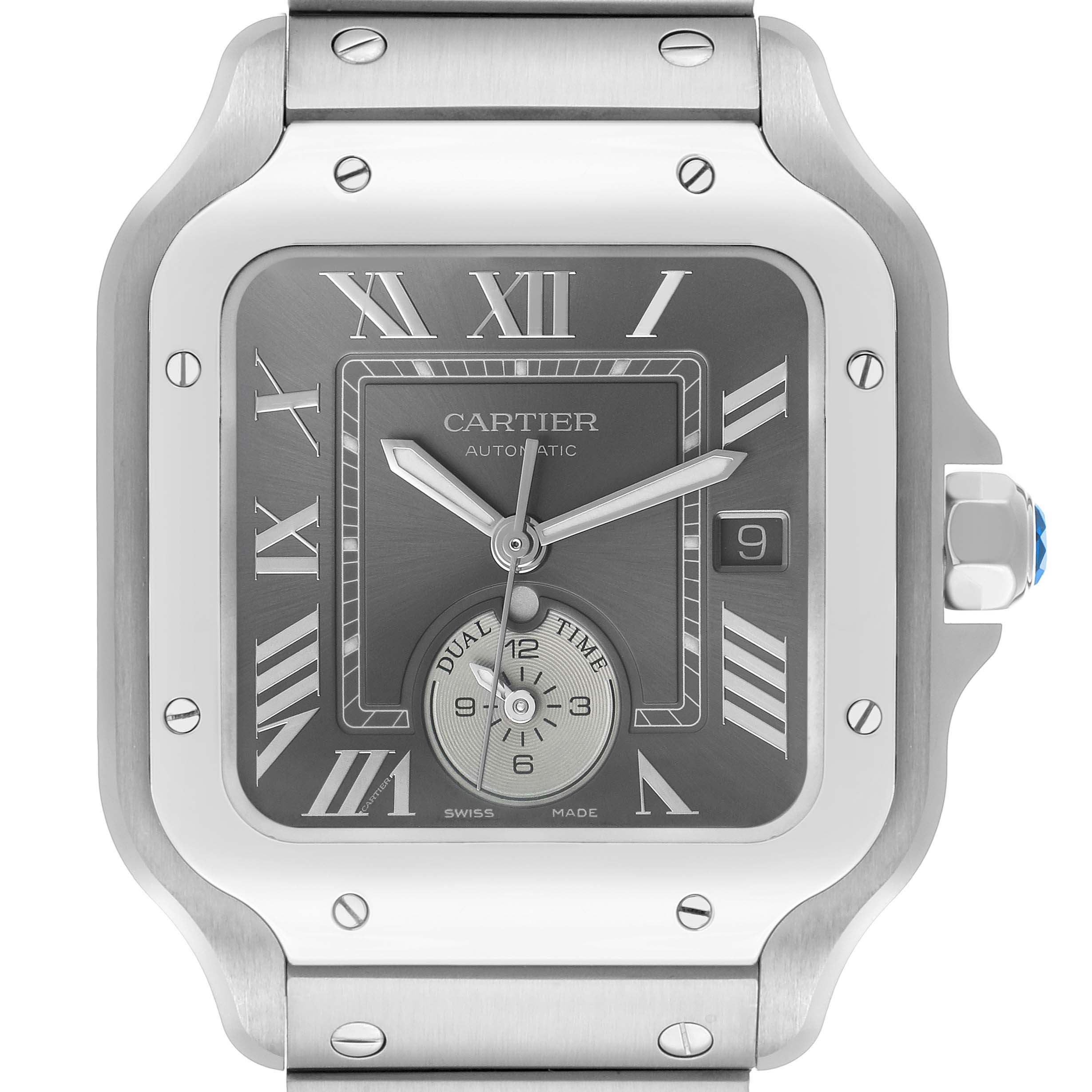 The Cartier Santos WSSA0076 Men's Stainless Steel Grey Dial watch is shown from a front angle, highlighting the face, bezel, crown, and part of the bracelet.