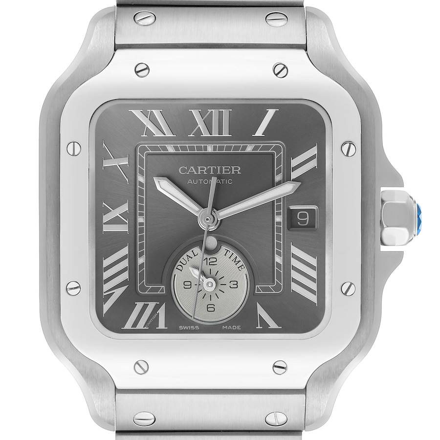 The Cartier Santos WSSA0076 Men's Stainless Steel Grey Dial watch is shown from a front angle, highlighting the face, bezel, crown, and part of the bracelet.