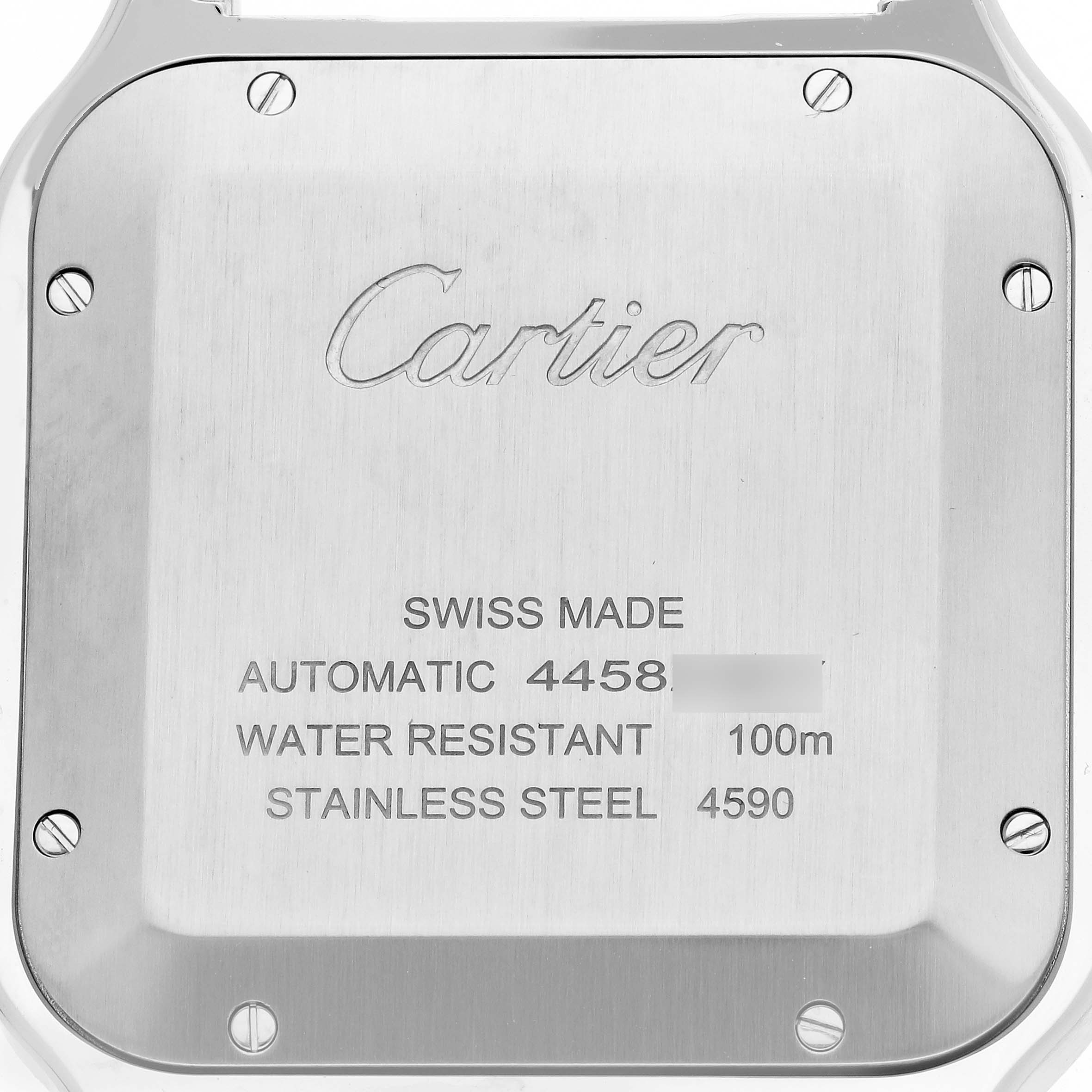 The image shows the case back of a Cartier Santos WSSA0076 Men's Stainless Steel Grey Dial watch, featuring engraved brand details and specifications.