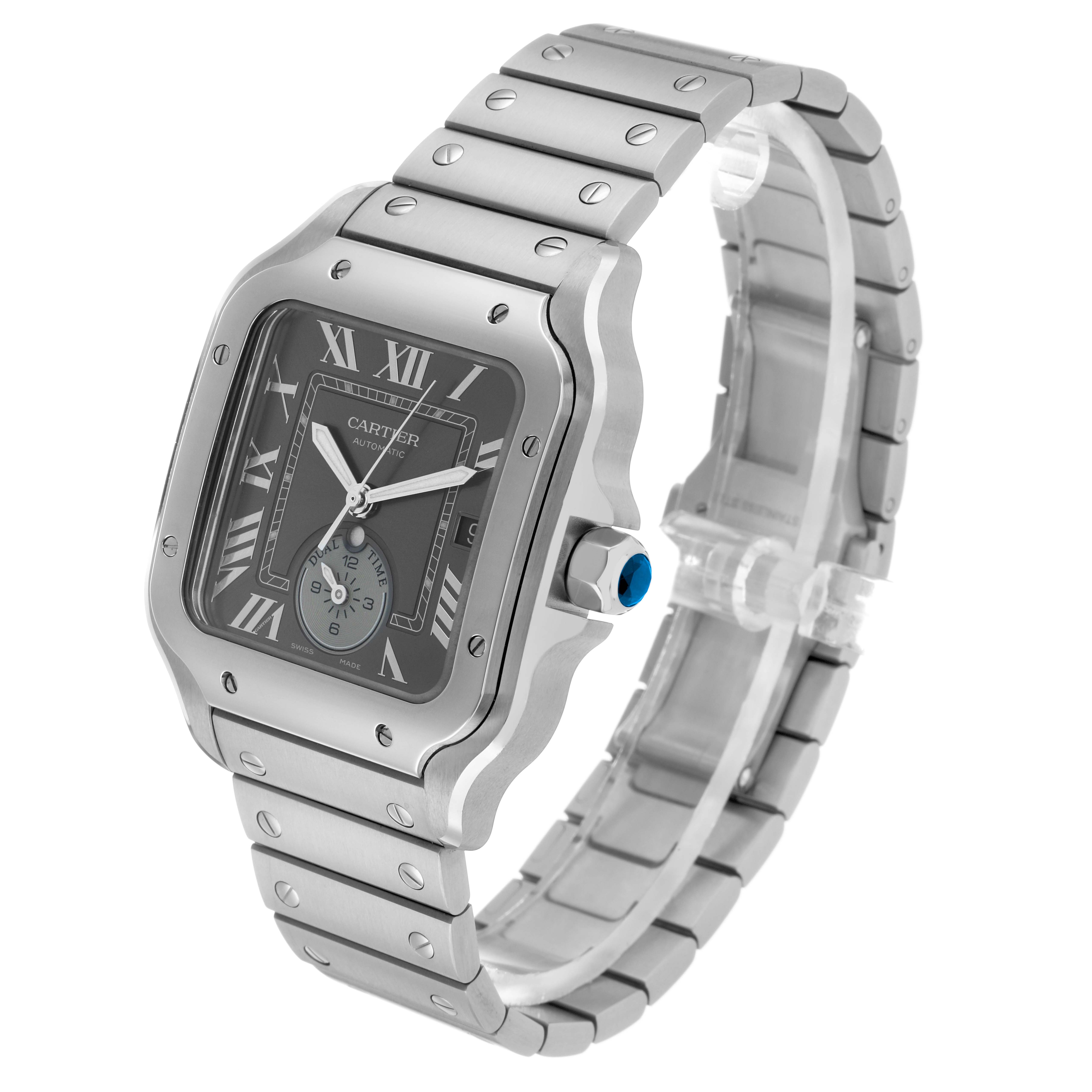 The Cartier Santos WSSA0076 Men's Stainless Steel Grey Dial watch is shown at a three-quarter angle, displaying its face, bezel, bracelet, and crown.