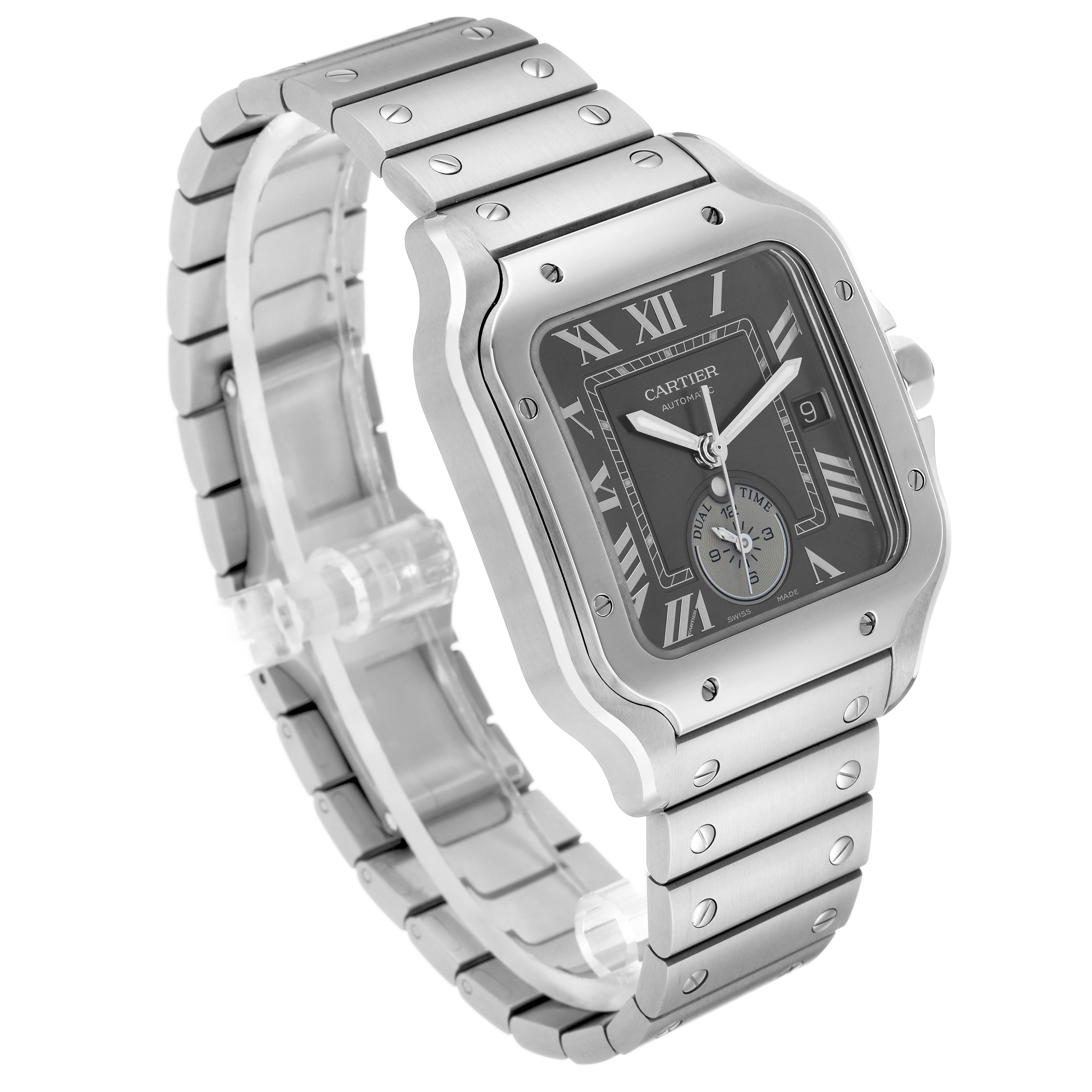 The Cartier Santos WSSA0076 Men's Stainless Steel Grey Dial watch is shown at a three-quarter angle, highlighting the face, bezel, and bracelet.