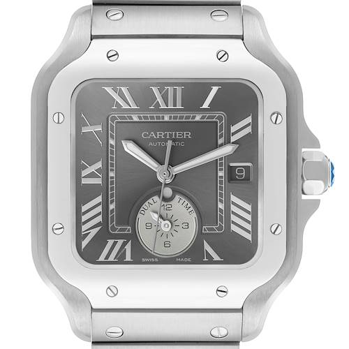 This image shows a front view of the Cartier Santos WSSA0076 Men's Stainless Steel Grey Dial watch, highlighting the face, bezel, crown, and part of the bracelet.
