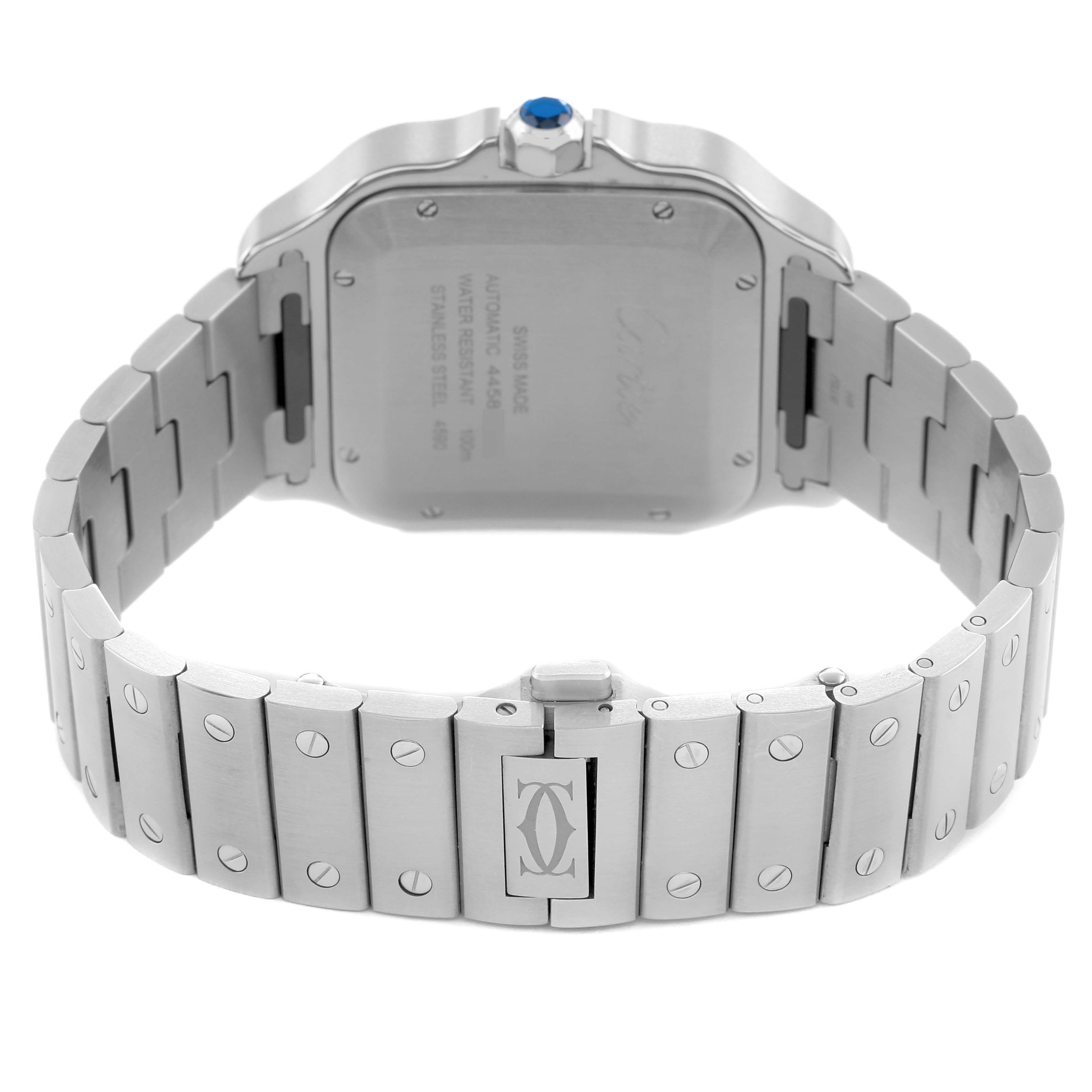 The image shows a Cartier Santos WSSA0076 Men's Stainless Steel Grey Dial watch from the back, highlighting the case, bracelet, and clasp details.