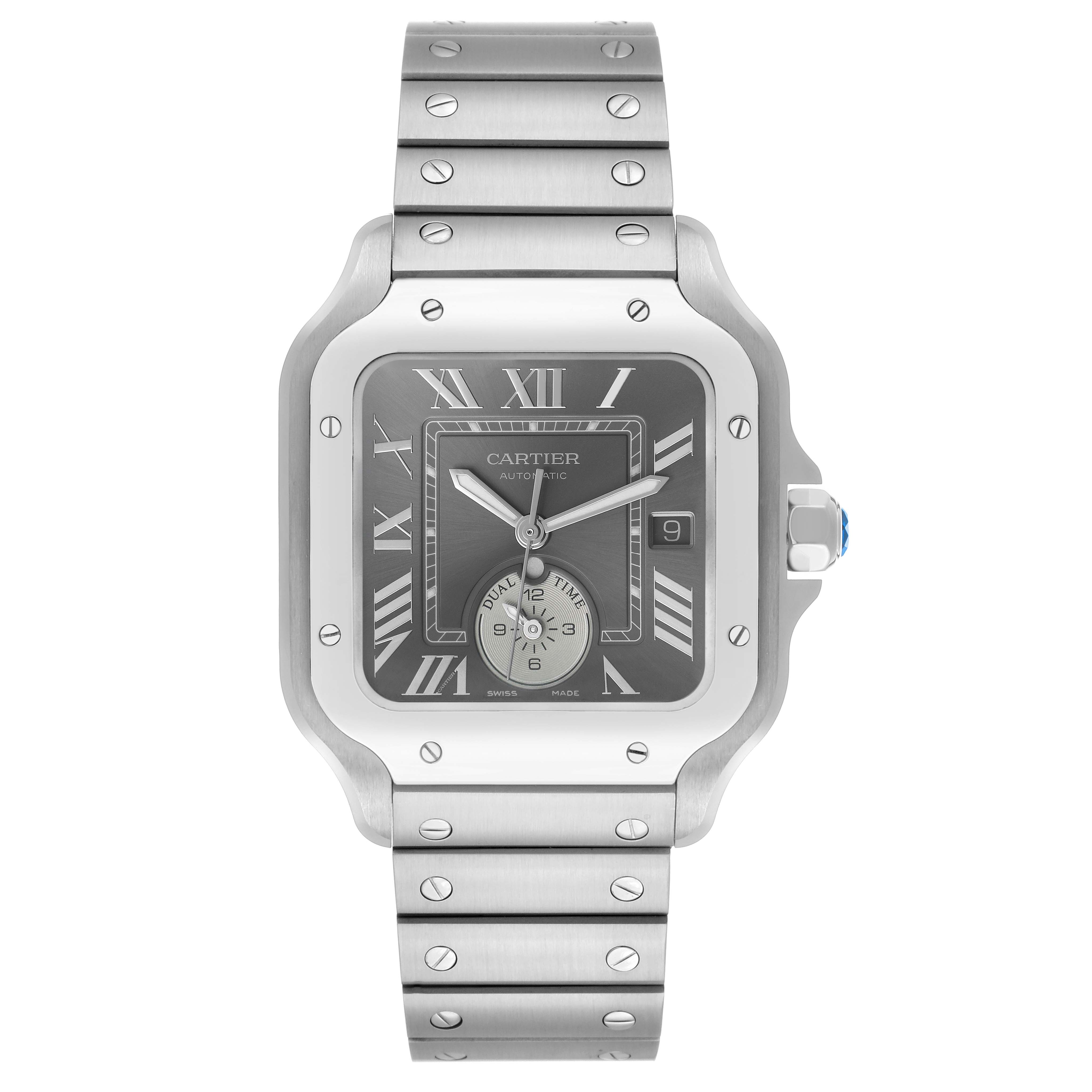 The Cartier Santos WSSA0076 Men's Stainless Steel Grey Dial watch is shown from a front view, highlighting its face, bezel, and bracelet with visible screws.
