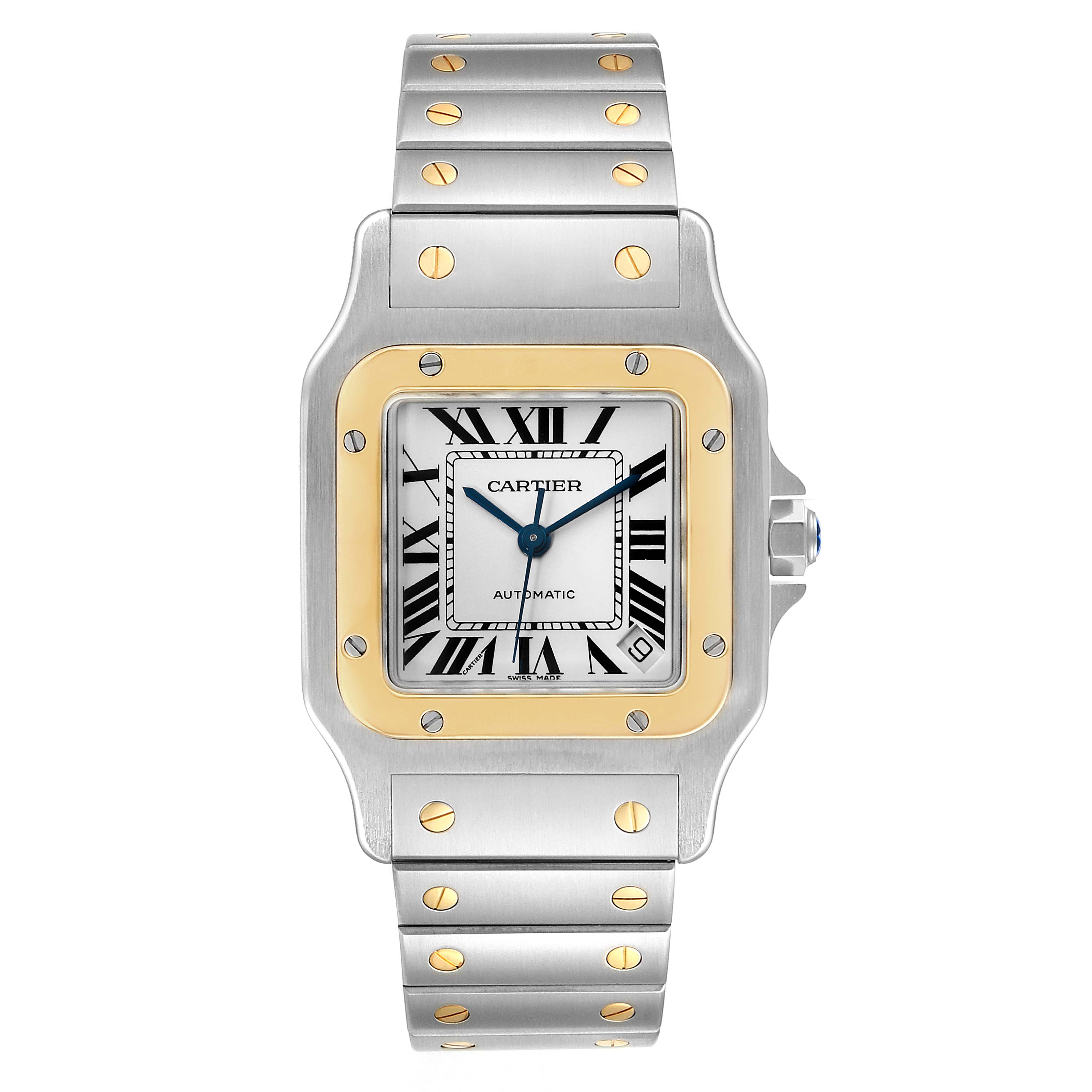 The image shows a frontal view of a Cartier Santos W20099C4 Men's Stainless Steel Silver Dial W20099C4 Men's Stainless Steel Silver Dial watch, displaying its face, bezel, and metal bracelet with gold accents.