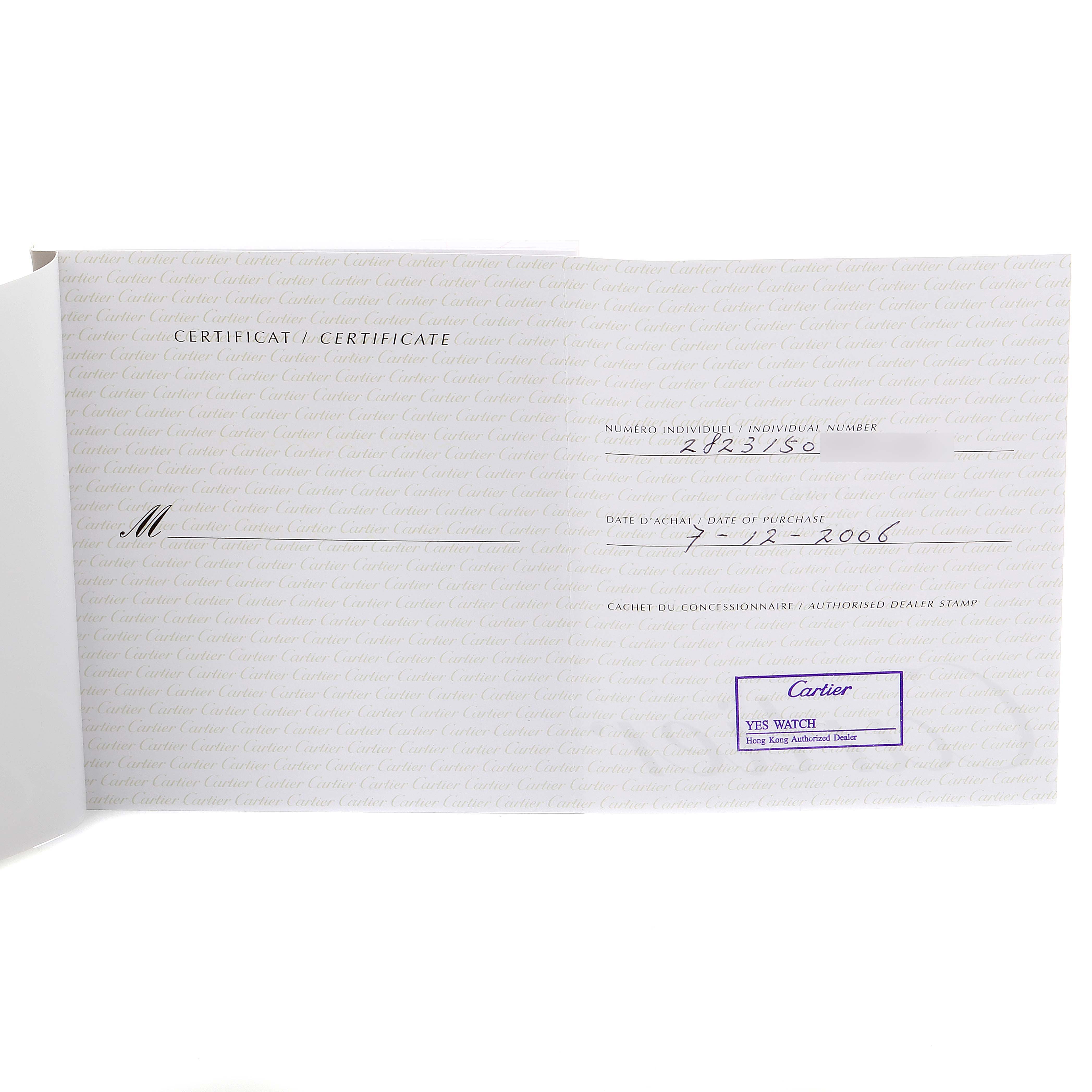 The image shows a certificate for the Santos model by Cartier, including details like the individual number and purchase date.