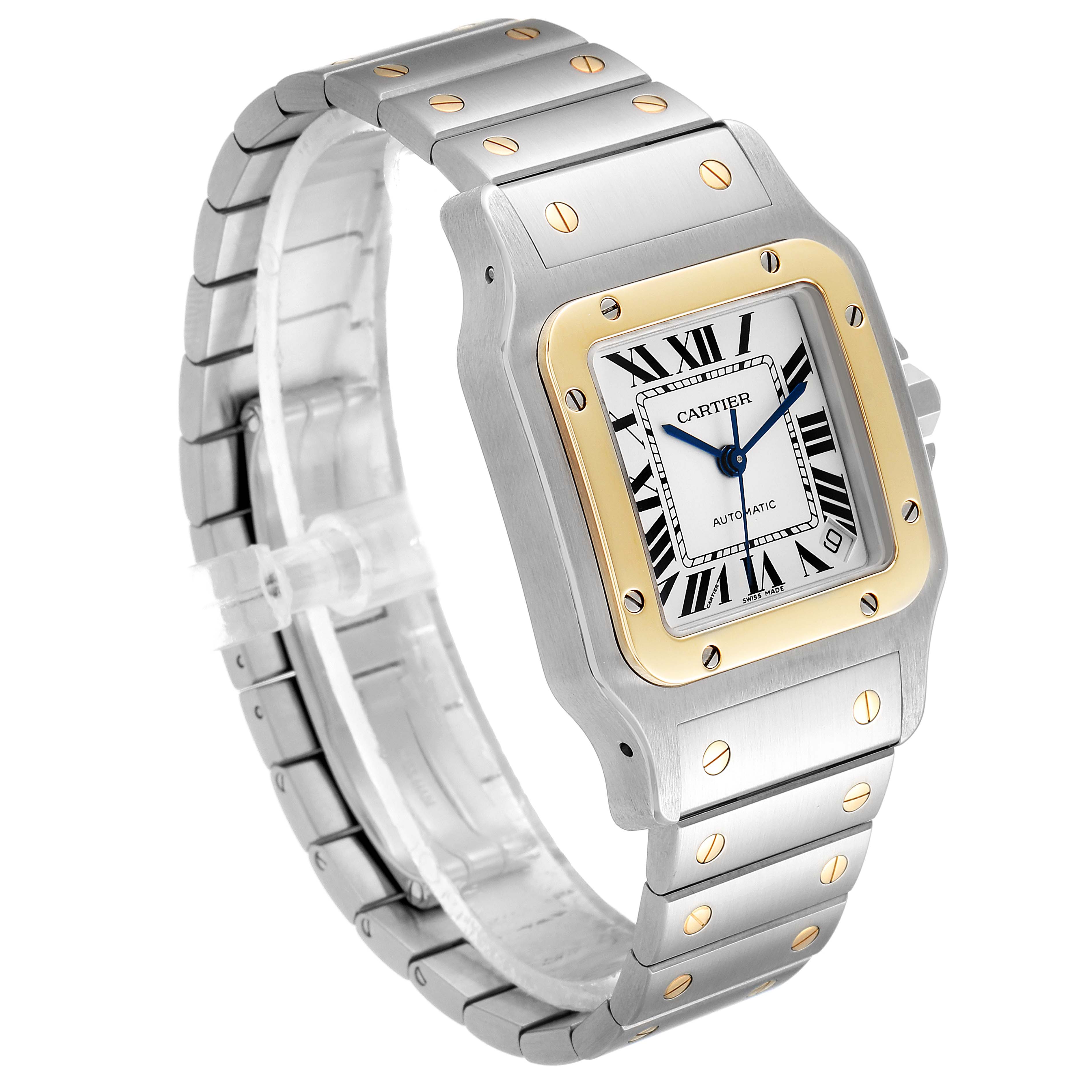 The Cartier Santos W20099C4 Men's Stainless Steel Silver Dial W20099C4 Men's Stainless Steel Silver Dial model watch is shown at a three-quarter angle, displaying the face, bezel, and part of the bracelet.