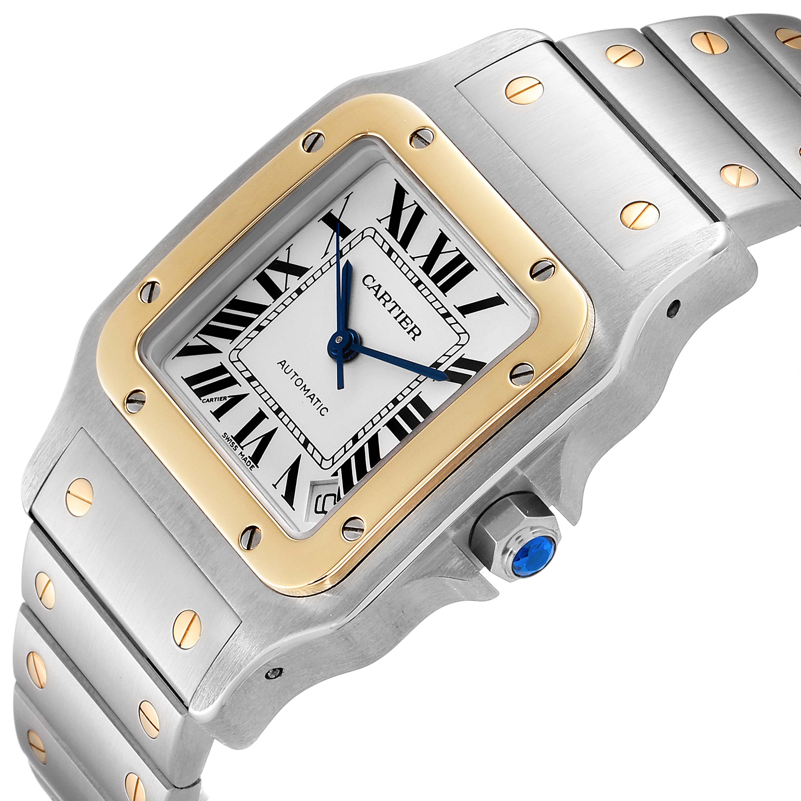 The image shows a close-up of a Cartier Santos W20099C4 Men's Stainless Steel Silver Dial W20099C4 Men's Stainless Steel Silver Dial watch face, bezel, and part of the bracelet from an angled perspective.