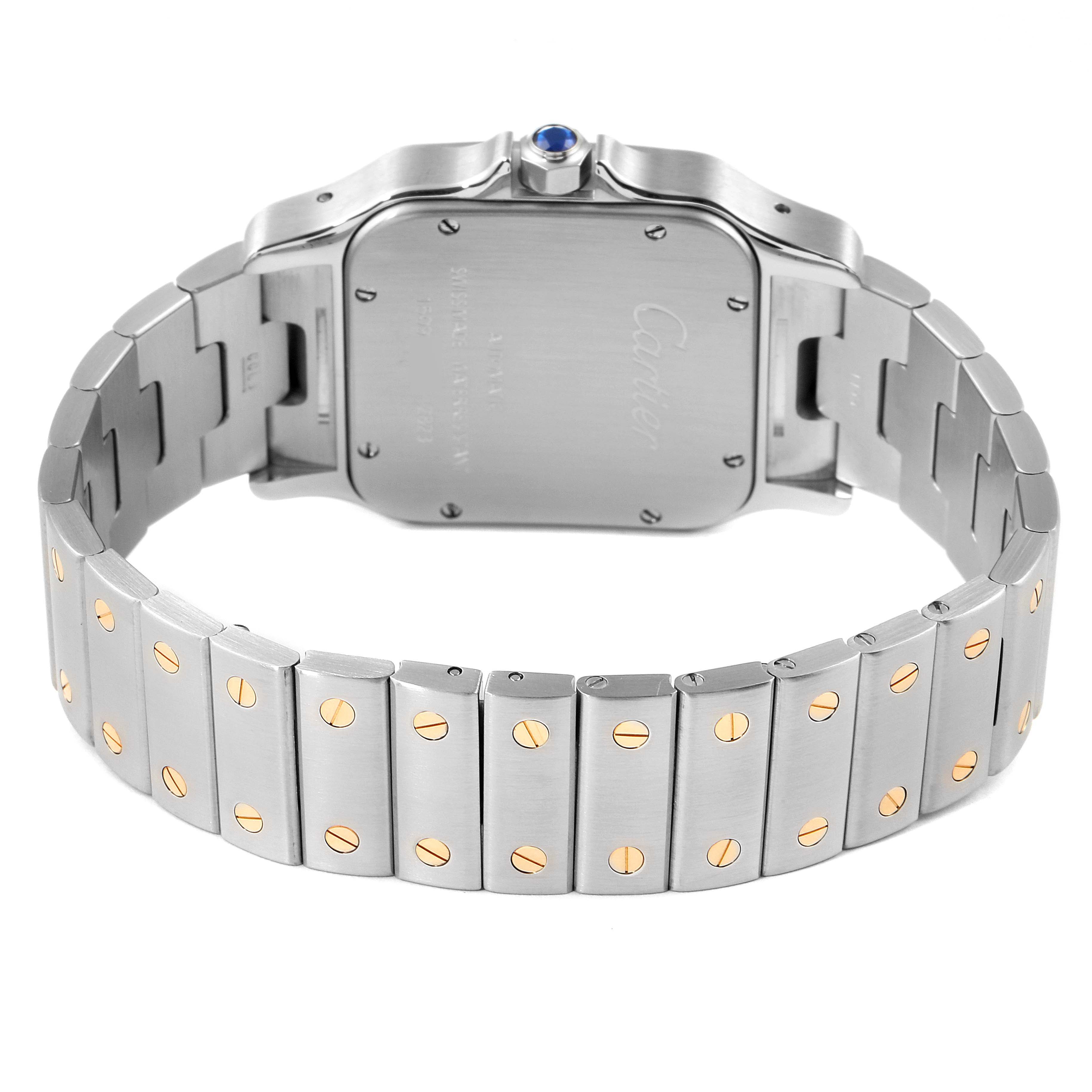 This image shows the rear view of the Cartier Santos W20099C4 Men's Stainless Steel Silver Dial W20099C4 Men's Stainless Steel Silver Dial watch, highlighting the stainless steel case, bracelet, and clasp.