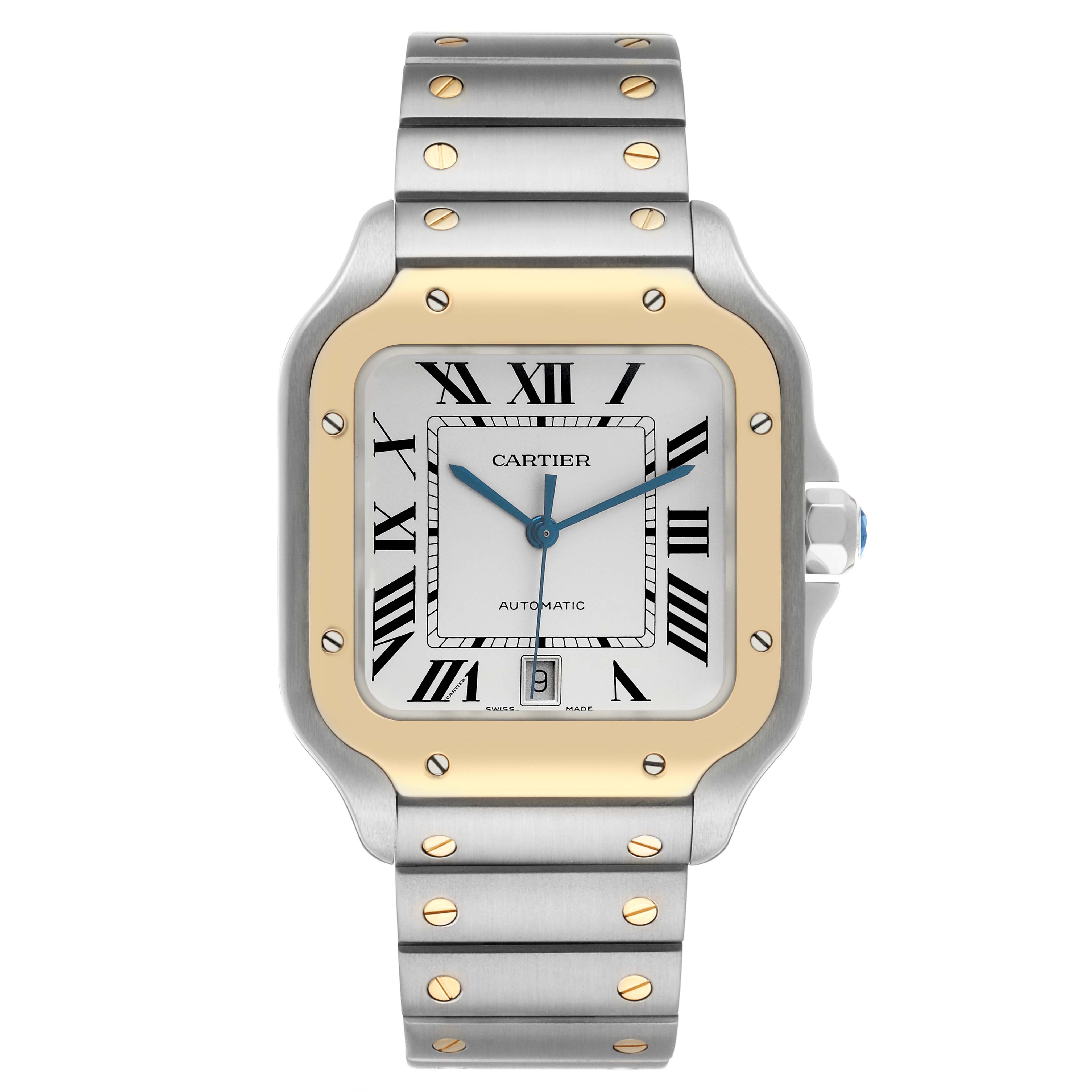 The Cartier Santos W2SA0006 Men's Steel and Gold (two tone) Silver Dial watch is shown from the front, highlighting its dial, bezel, bracelet, and crown.