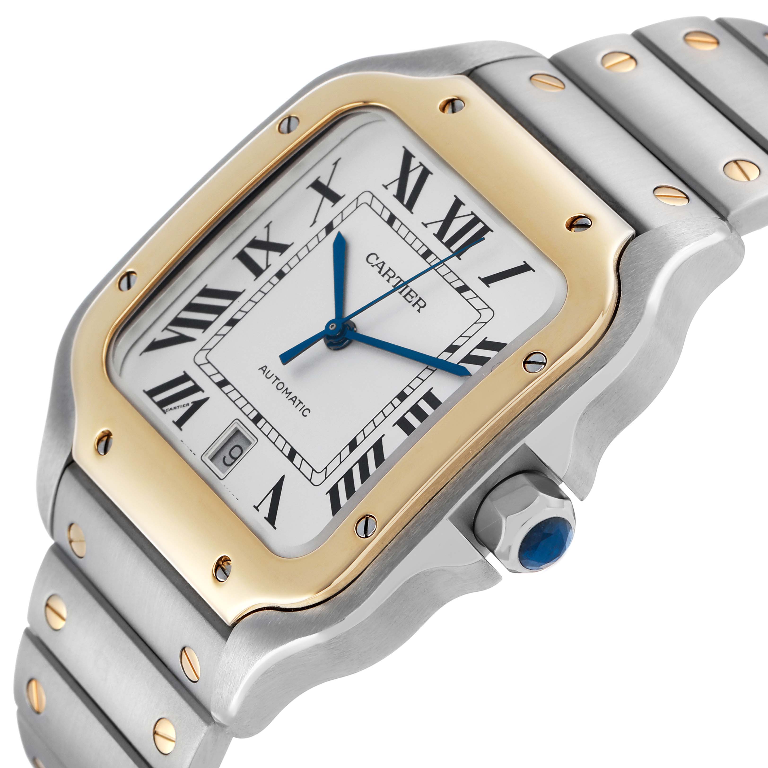 The Cartier Santos W2SA0006 Men's Steel and Gold (two tone) Silver Dial watch is shown at an angle, featuring its face, crown, bezel, and part of the bracelet.