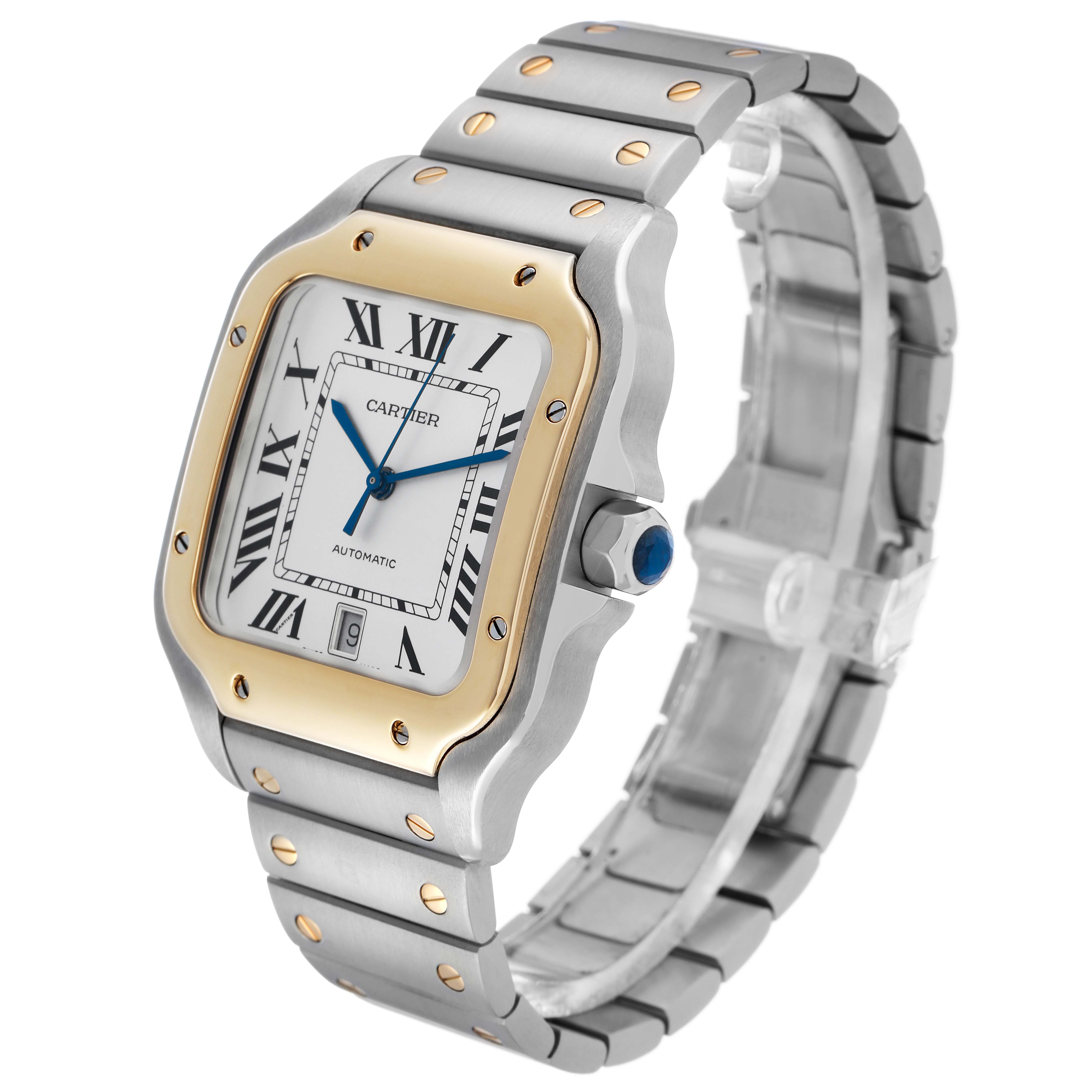 The Cartier Santos W2SA0006 Men's Steel and Gold (two tone) Silver Dial watch is shown at a three-quarter angle, highlighting the face, bezel, and bracelet.