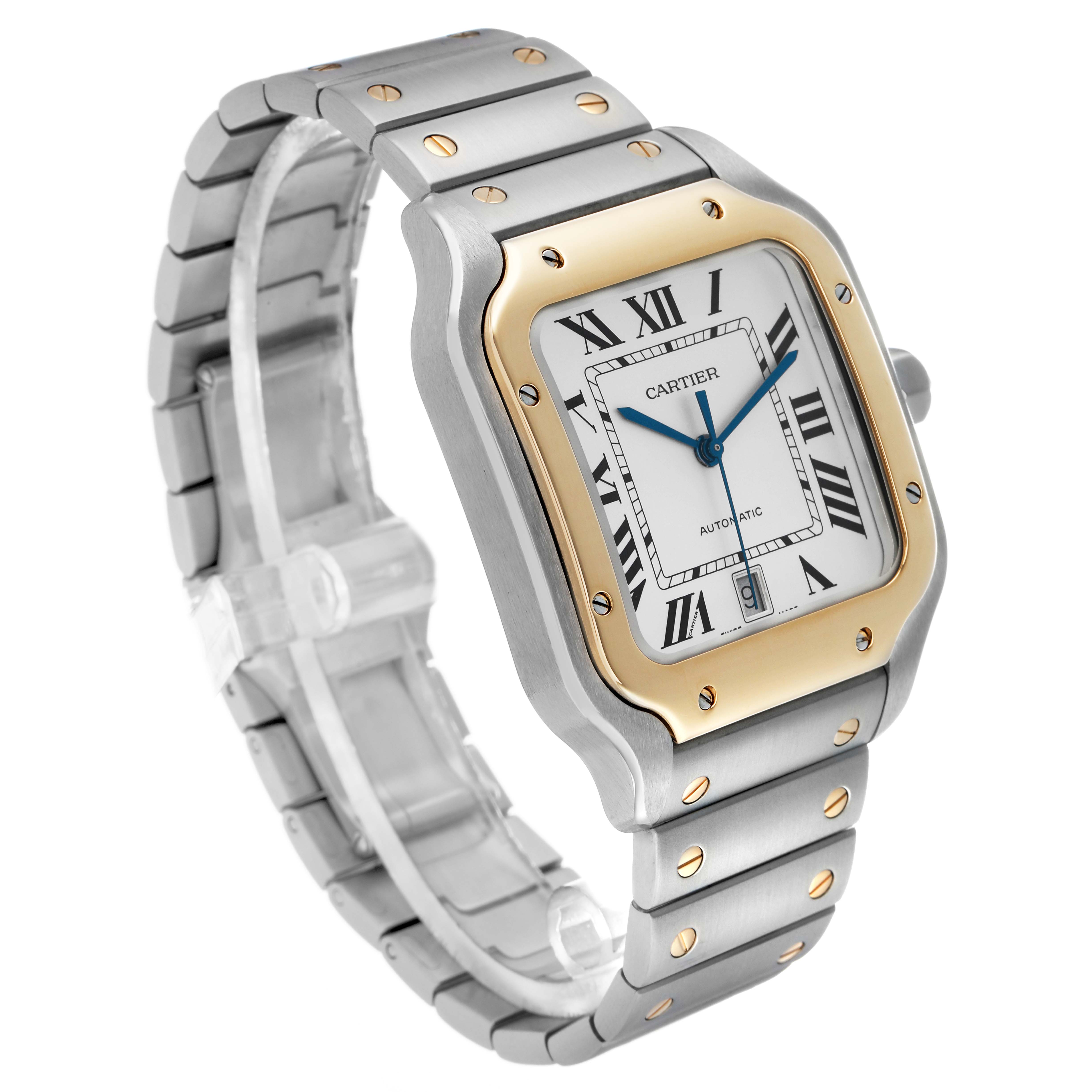 The Cartier Santos W2SA0006 Men's Steel and Gold (two tone) Silver Dial watch is shown at an angle highlighting its face, bezel, and bracelet.