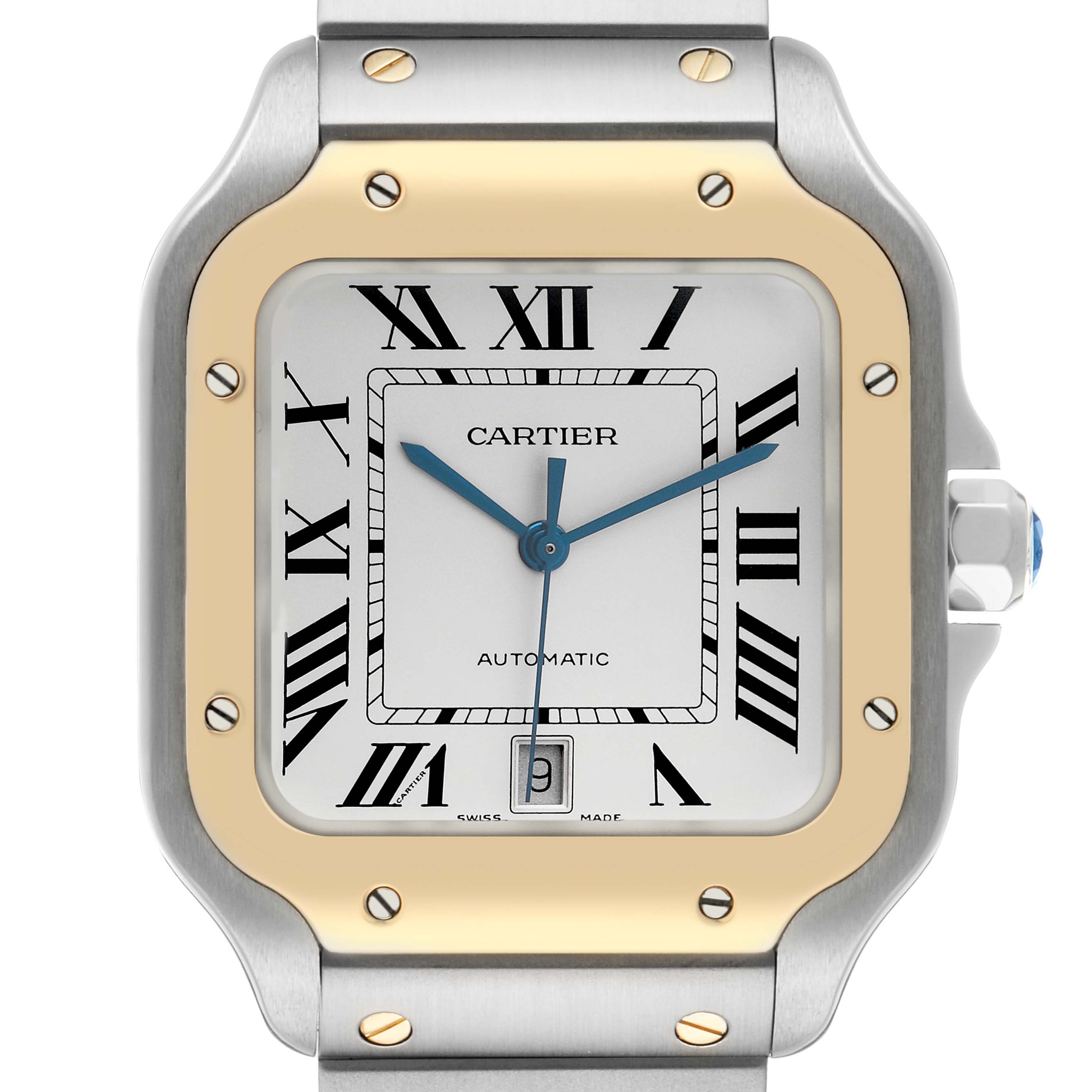 The image shows a close-up front view of the Cartier Santos W2SA0006 Men's Steel and Gold (two tone) Silver Dial watch, highlighting the face, bezel, and part of the bracelet.