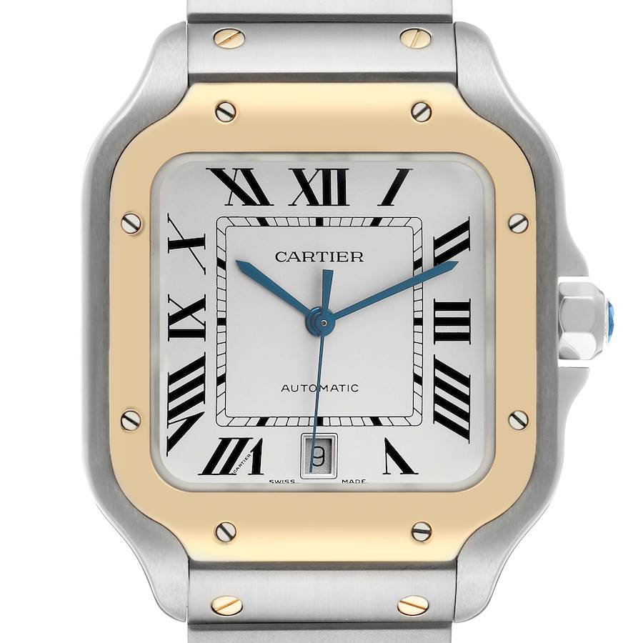 The image shows a close-up front view of the Cartier Santos W2SA0006 Men's Steel and Gold (two tone) Silver Dial watch, highlighting the face, bezel, and part of the bracelet.