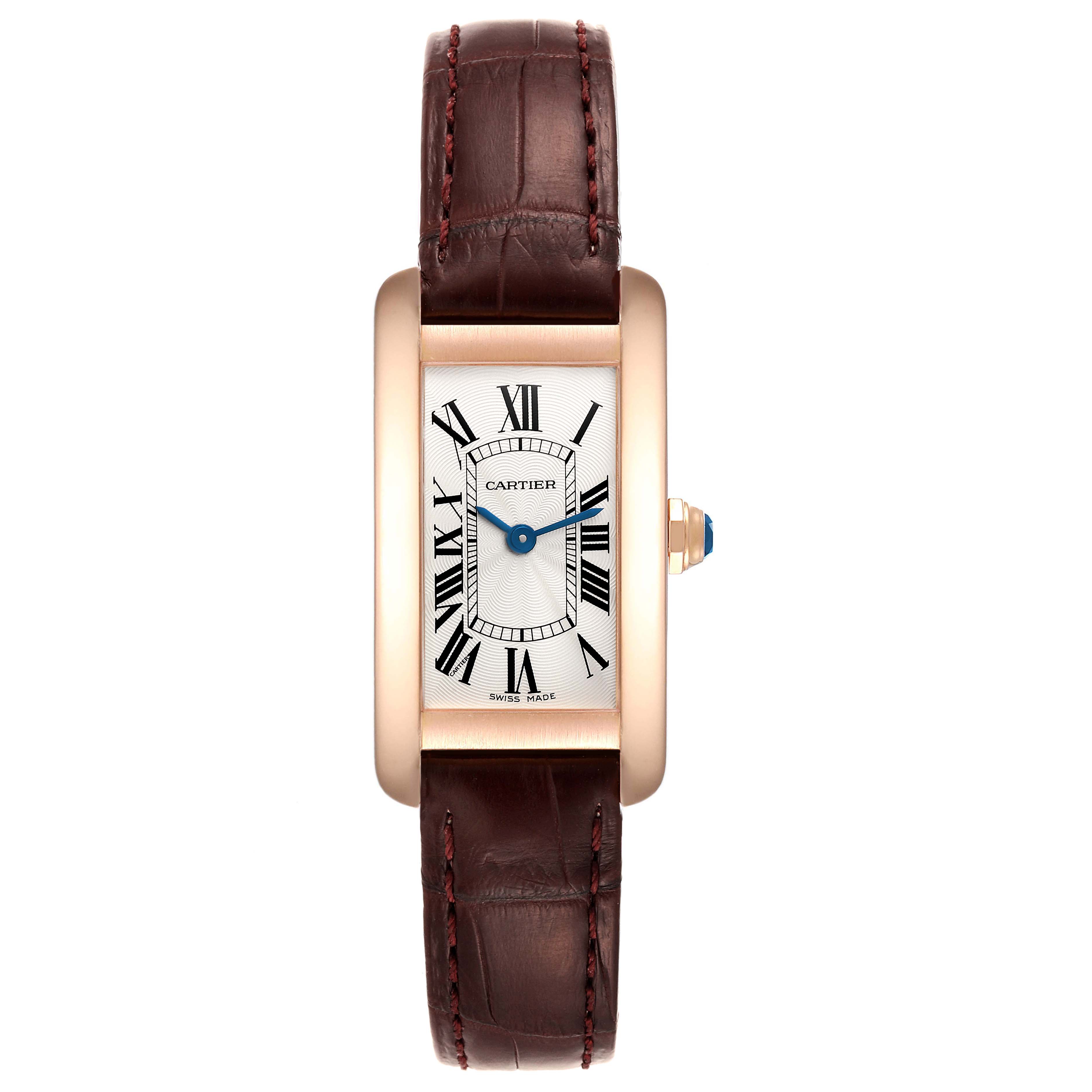 The image shows a front view of the Cartier Tank Americaine W2607456 Women's Rose Gold Silver Dial W2607456 Women's Rose Gold Silver Dial model, highlighting its rectangular face, Roman numerals, and leather strap.