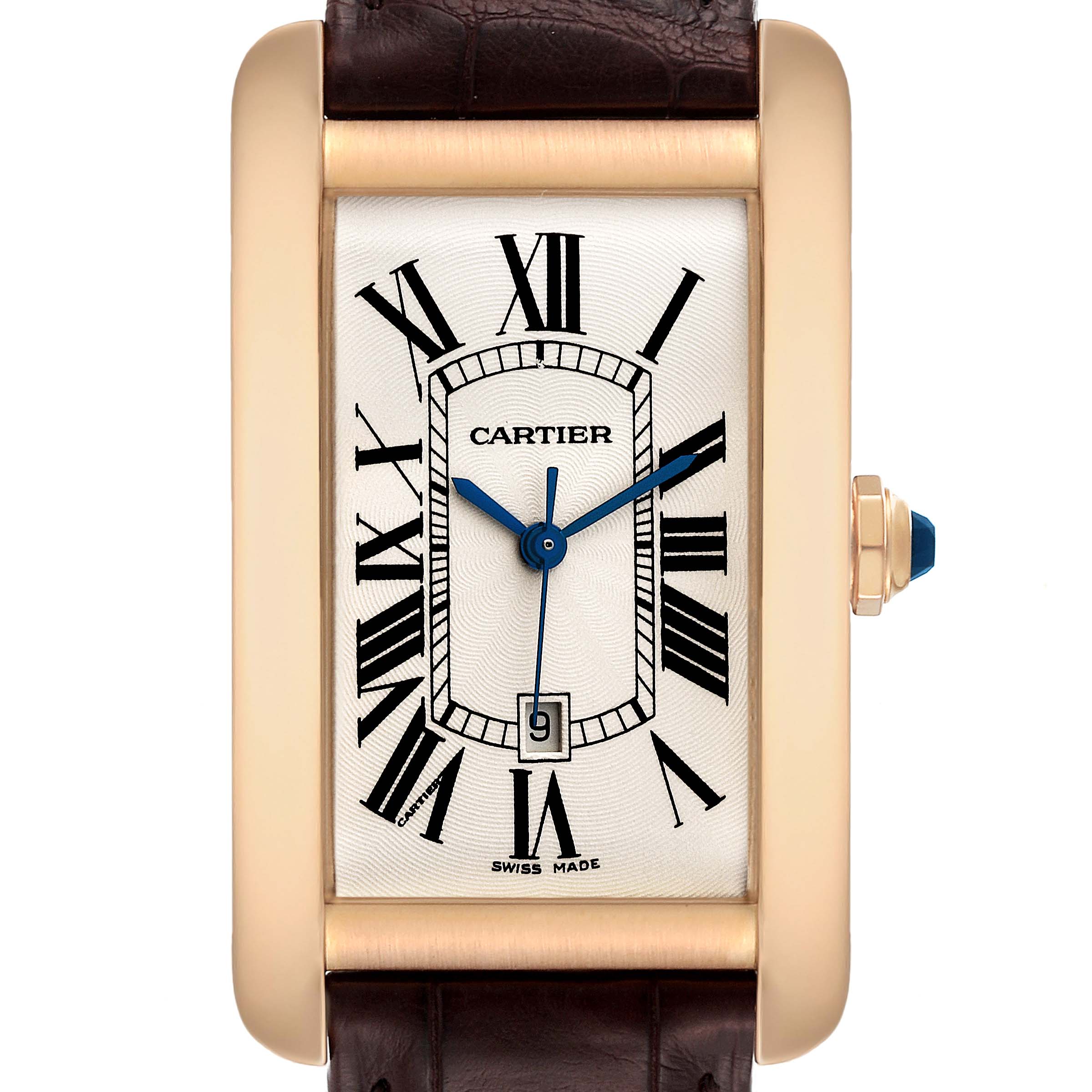 The image shows a front view of a Cartier Tank Américaine watch, highlighting its rectangular face, brown leather strap, and blue hands.