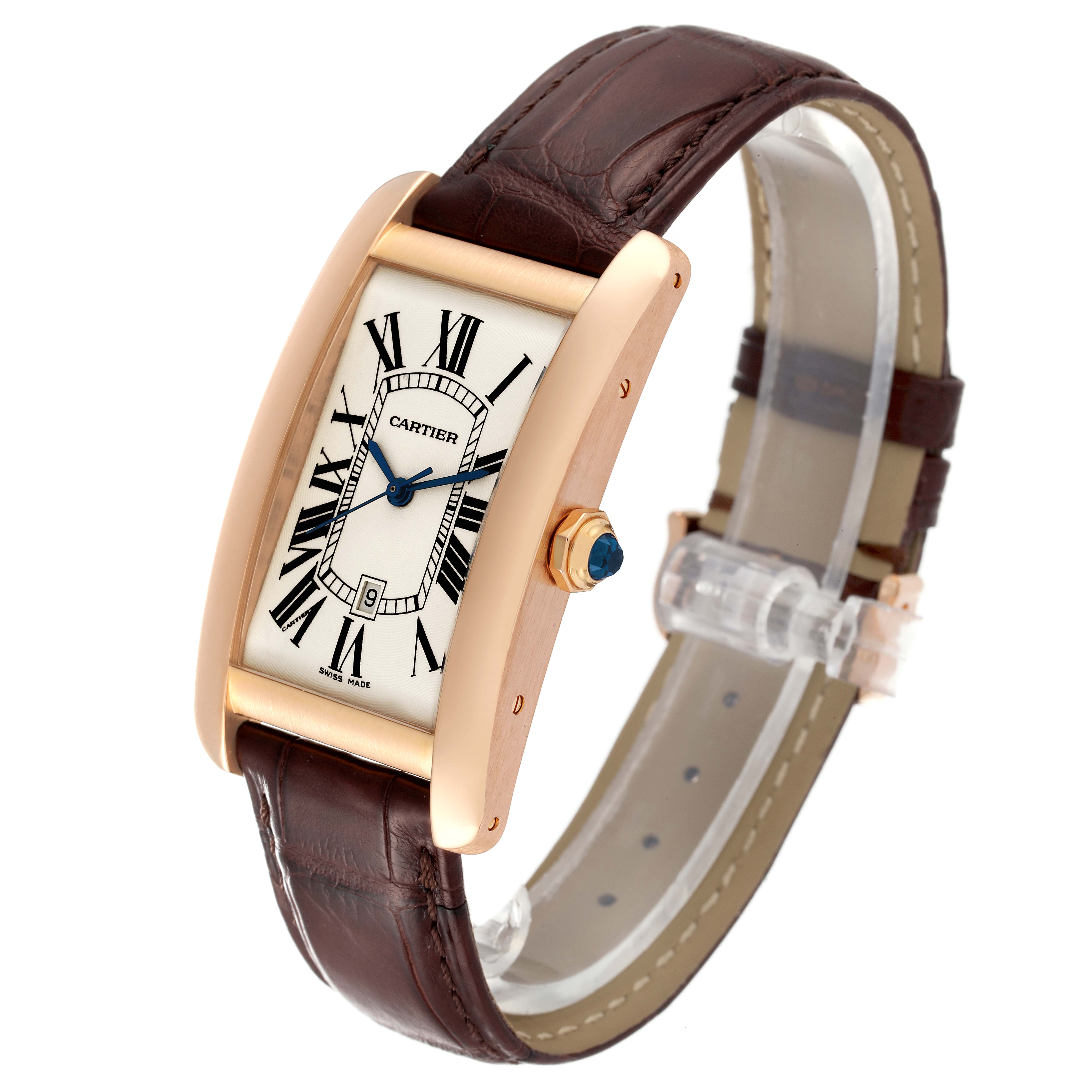 The image shows a Cartier Tank Americaine W2609156 Men
s Rose Gold Silver Dial W2609156 Men
s Rose Gold Silver Dial watch at a three-quarter angle, highlighting the face, strap, and side crown.