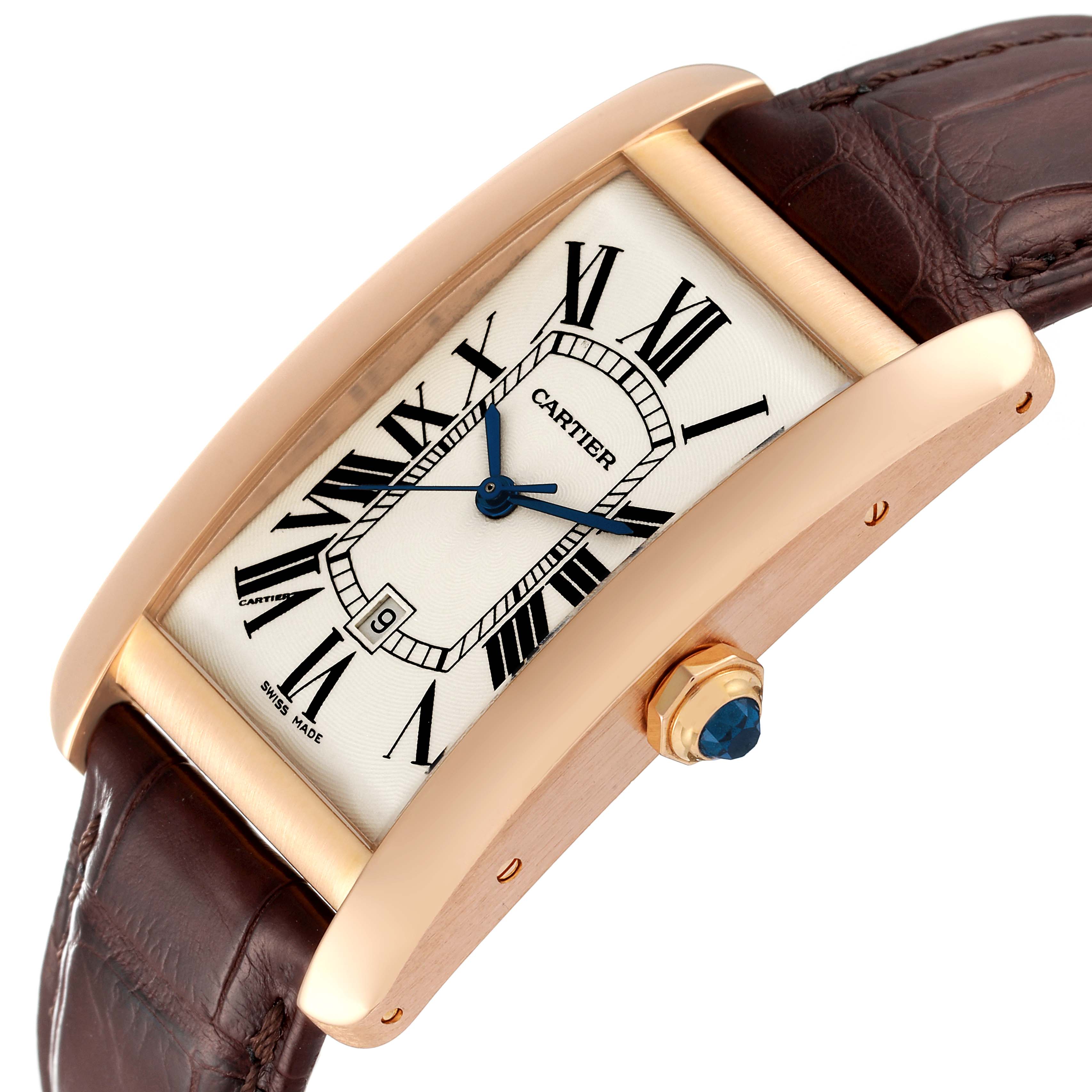 The image shows a side angle of a Cartier Tank Americaine W2609156 Men
s Rose Gold Silver Dial W2609156 Men
s Rose Gold Silver Dial watch, highlighting the watch face, crown, and leather strap.