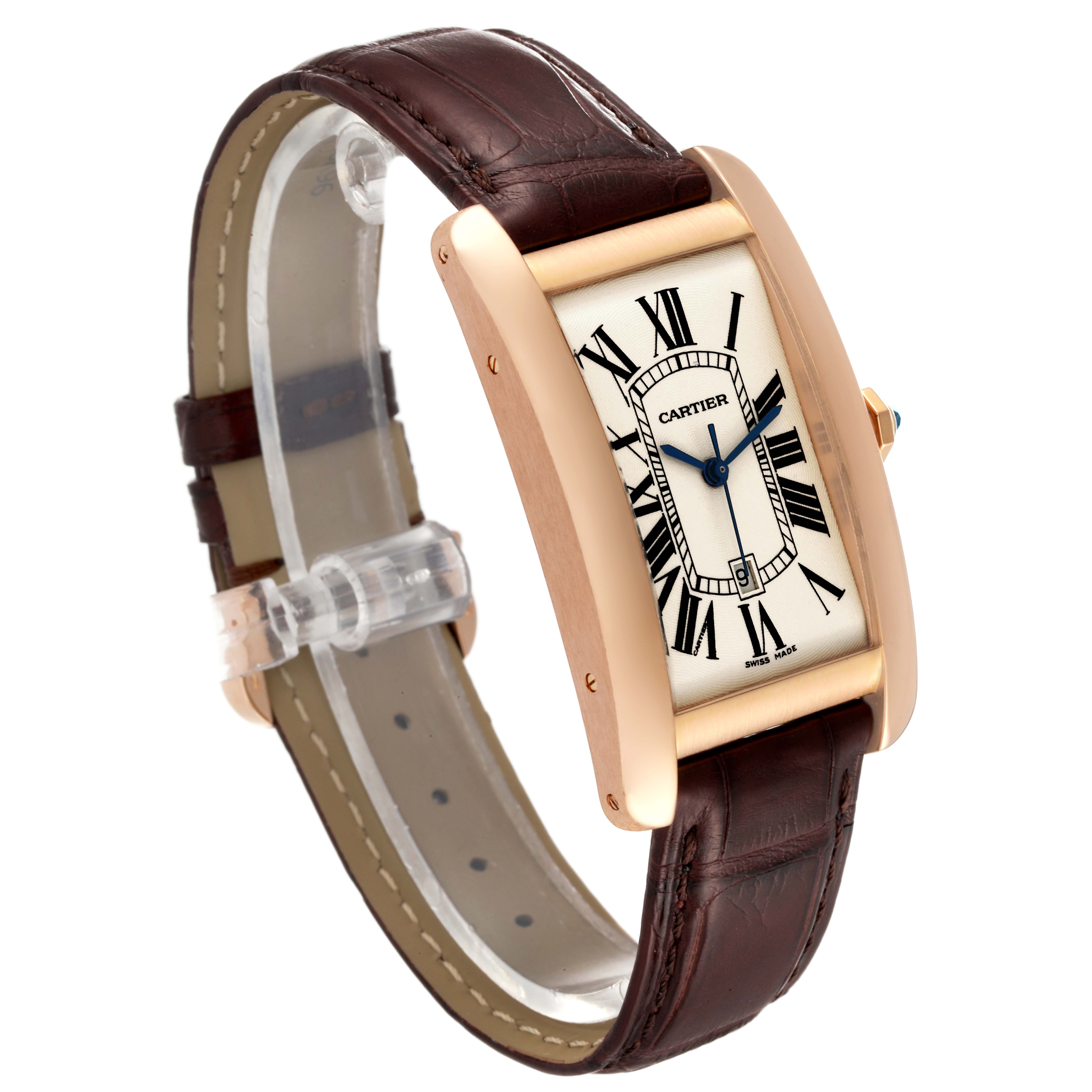 The image shows a Tank Américaine by Cartier at a three-quarter angle, highlighting its rectangular face and leather strap.