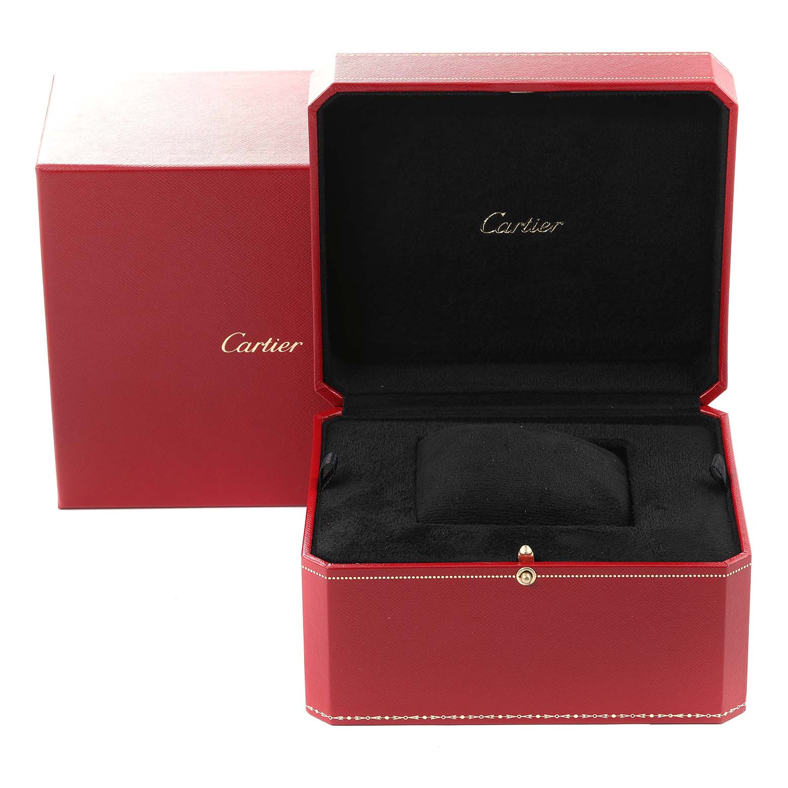 This image shows an open Cartier box for the Tank Americaine model, displaying its luxurious interior and exterior case.