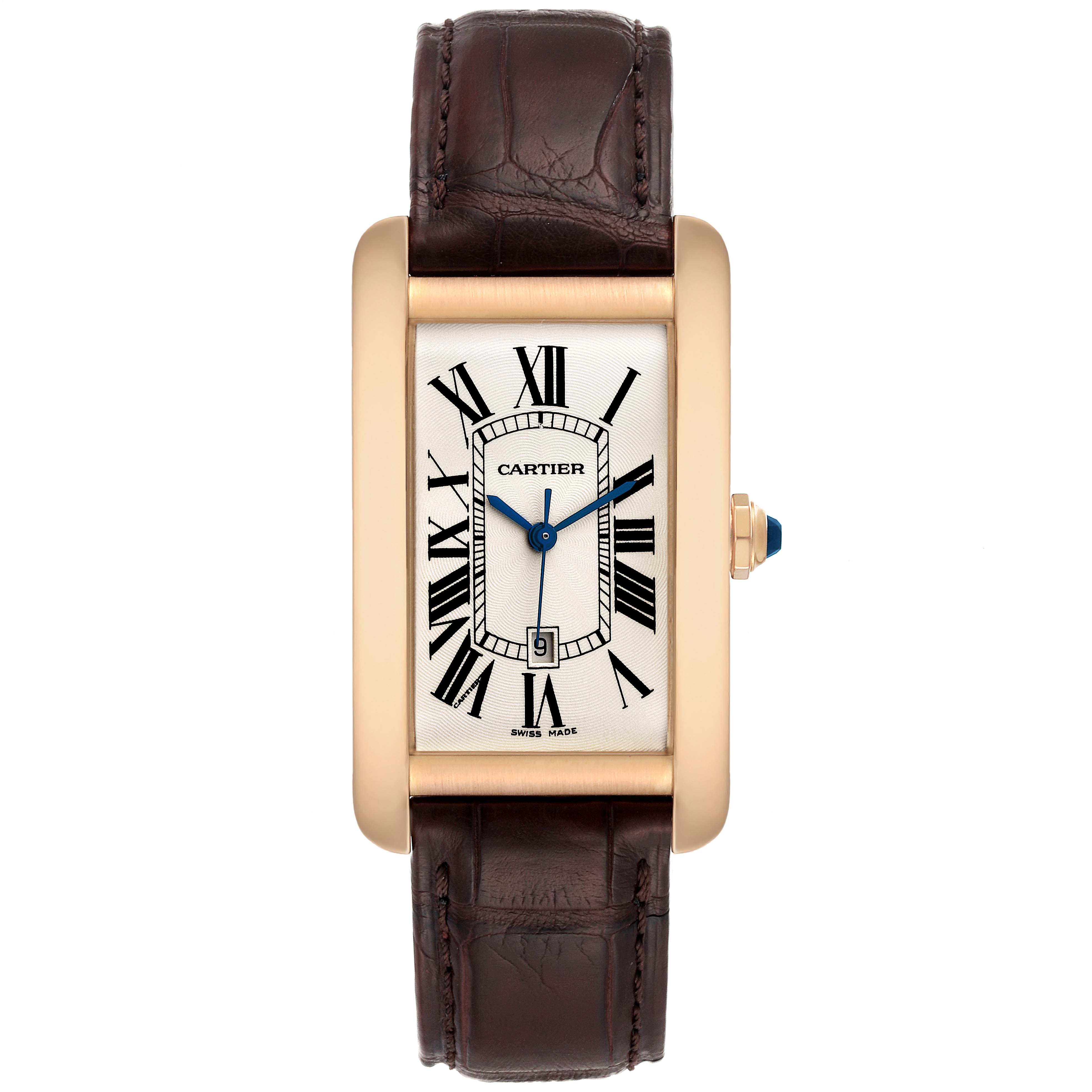 The image shows a frontal view of the Cartier Tank Americaine W2609156 Men
s Rose Gold Silver Dial W2609156 Men
s Rose Gold Silver Dial watch, highlighting its face, strap, and crown.