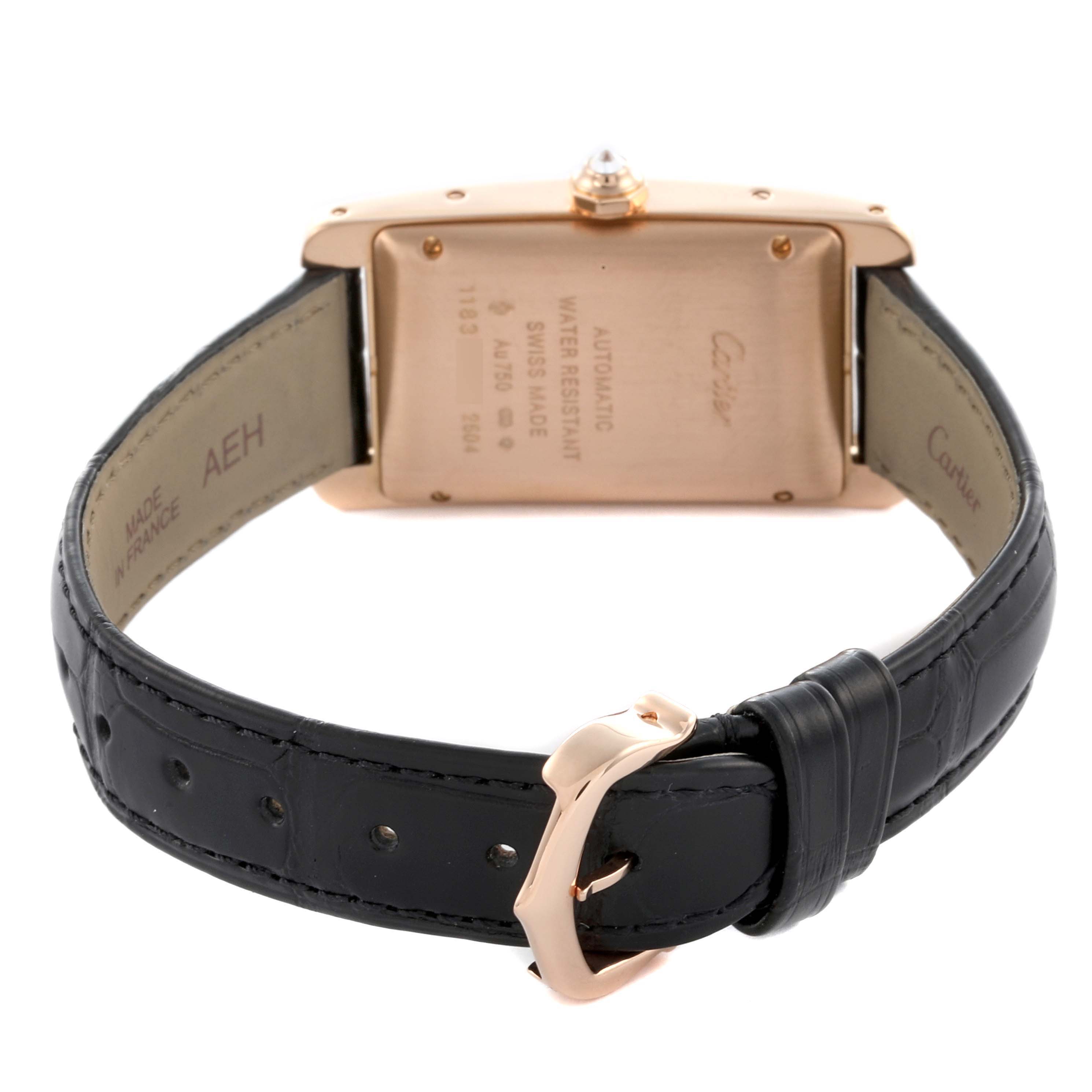 The image shows the back of the Cartier Tank Americaine 2504 Women's Rose Gold Silver Dial 2504 Women's Rose Gold Silver Dial watch, including the case back and leather strap with the buckle.