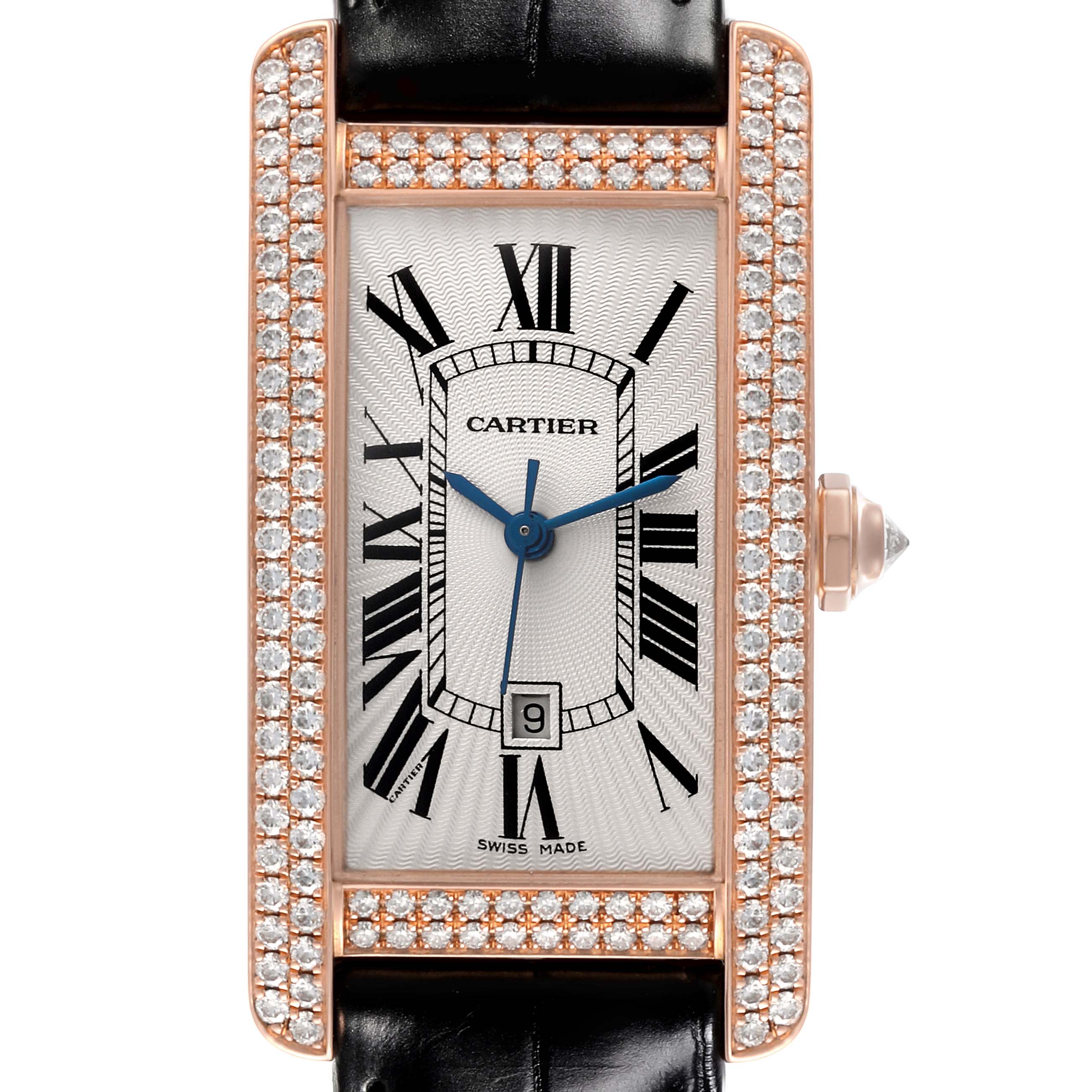 The Cartier Tank Américaine watch is shown from the front, highlighting the diamond-set bezel and leather strap.