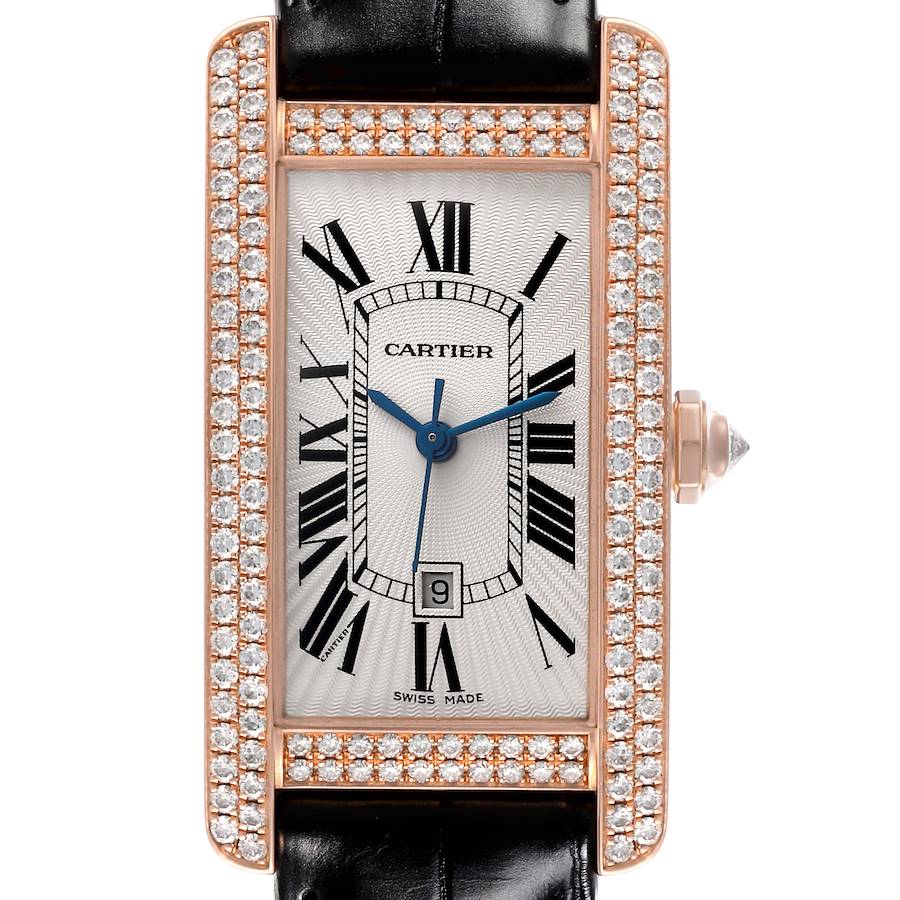 The Cartier Tank Américaine watch is shown from the front, highlighting the diamond-set bezel and leather strap.