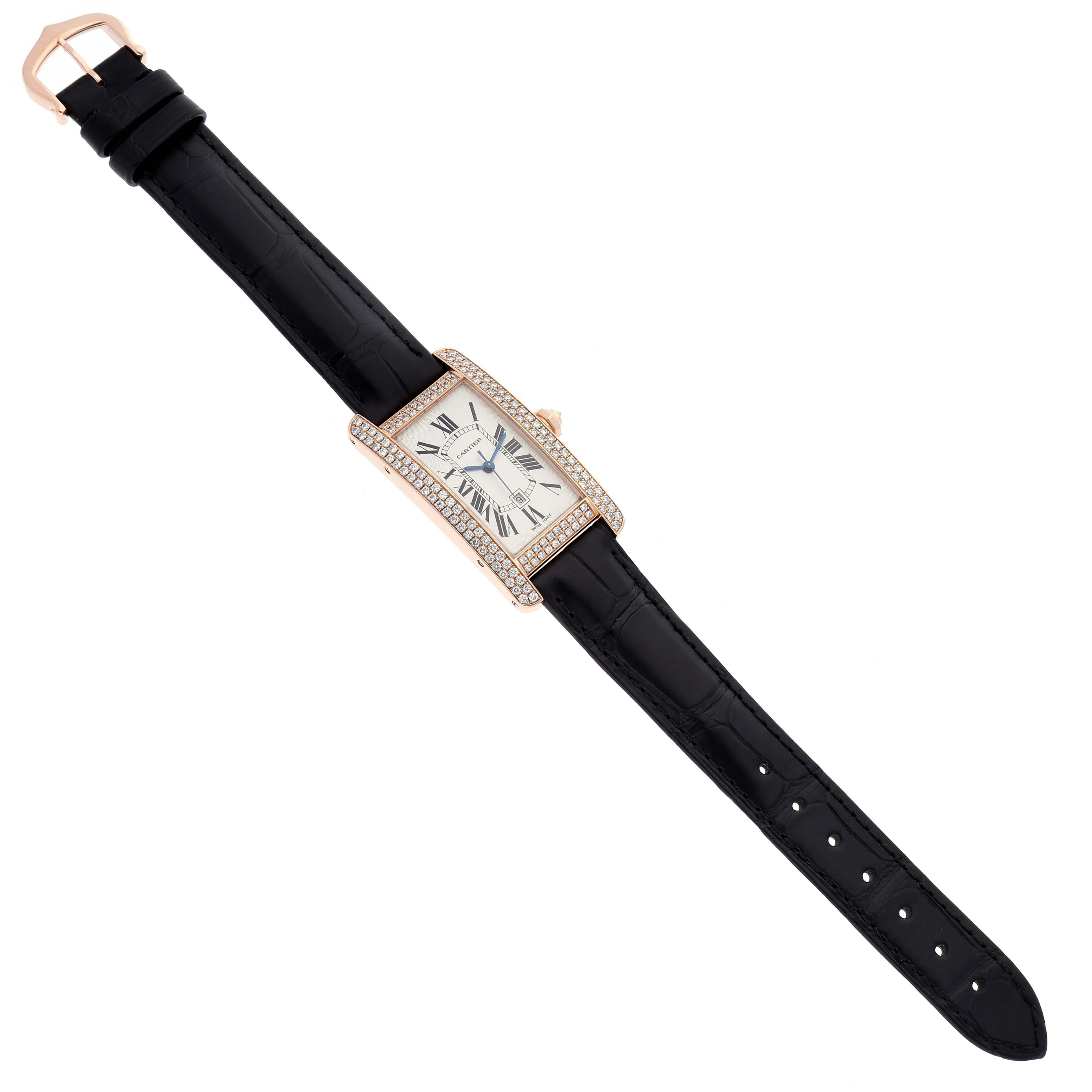 The Cartier Tank Americaine 2504 Women's Rose Gold Silver Dial 2504 Women's Rose Gold Silver Dial watch is shown from a top-down angle, displaying the face, diamond-set bezel, and black leather strap.