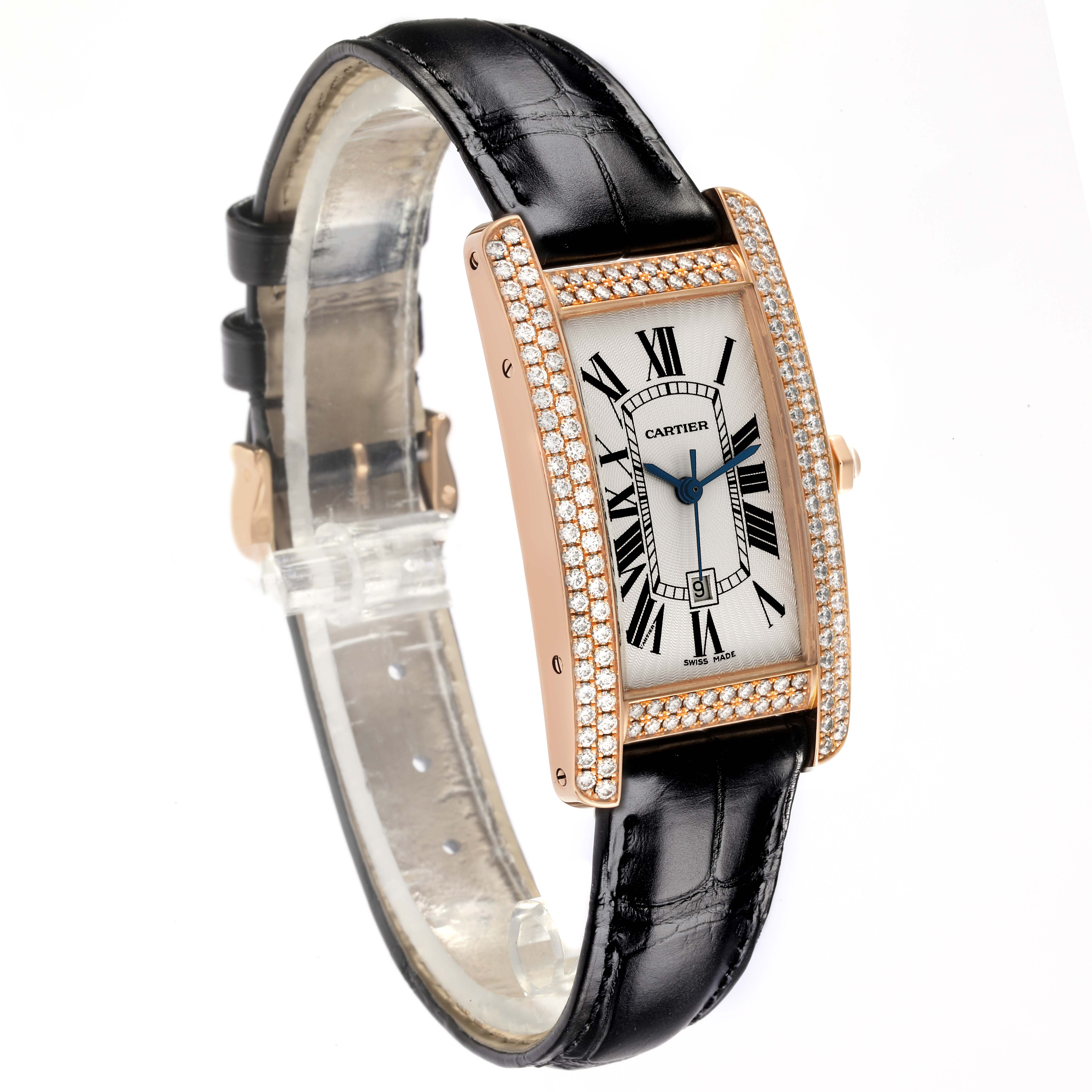 The Cartier Tank Americaine 2504 Women's Rose Gold Silver Dial 2504 Women's Rose Gold Silver Dial watch is shown at a side angle, highlighting its rectangular case, diamond bezel, and black strap.
