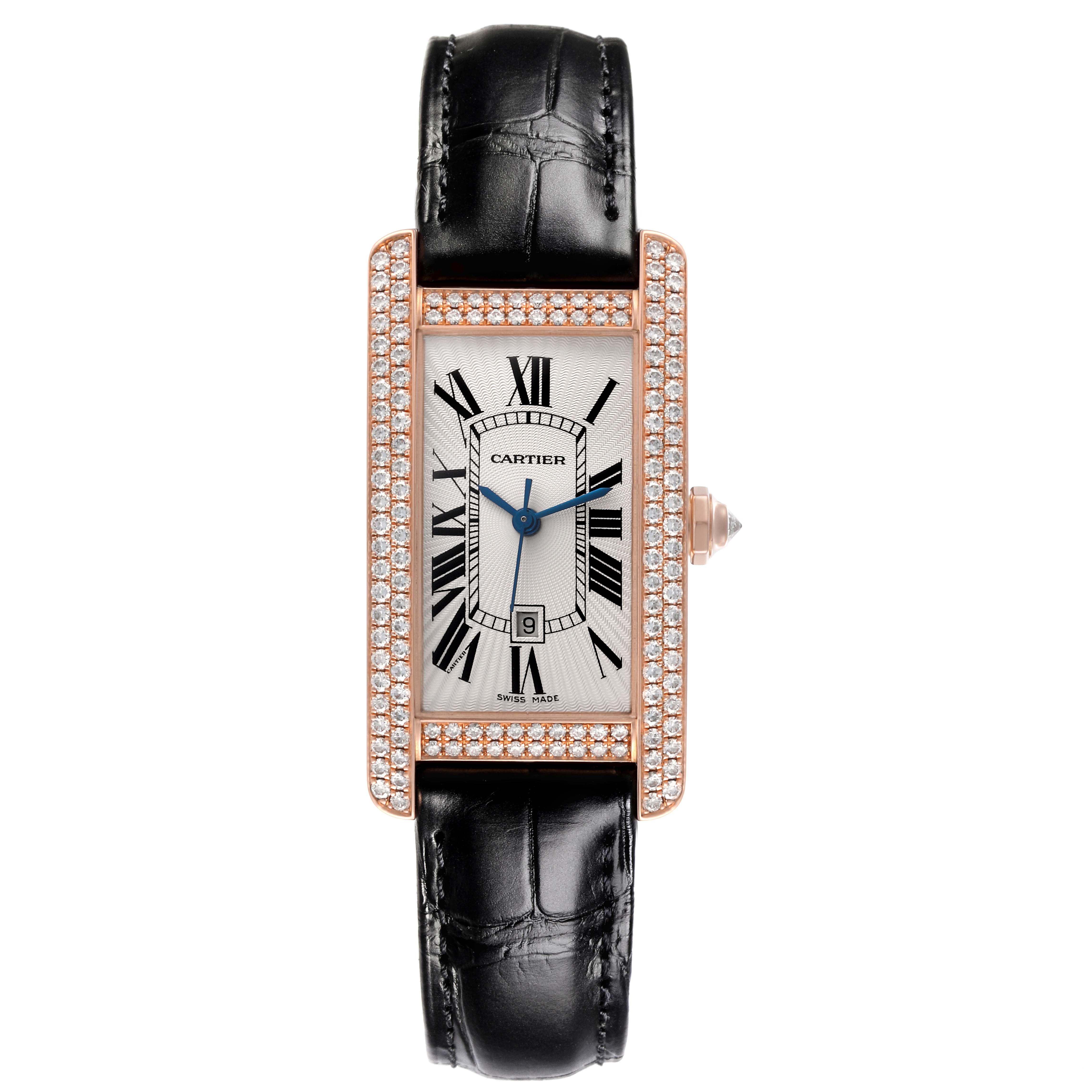 The Cartier Tank Americaine 2504 Women's Rose Gold Silver Dial 2504 Women's Rose Gold Silver Dial watch is shown from a front view, displaying its face, strap, and diamond-set bezel.