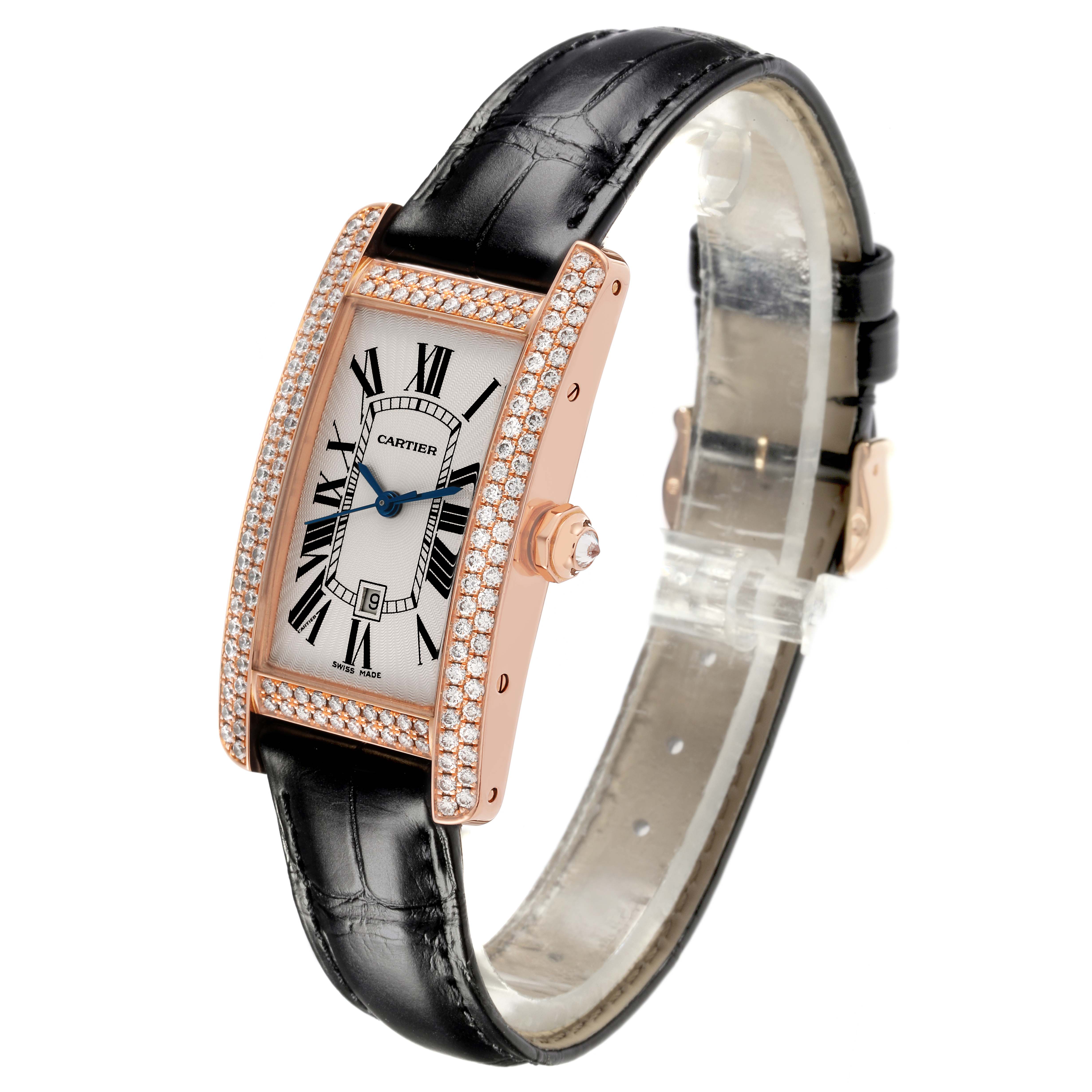 The Cartier Tank Americaine 2504 Women's Rose Gold Silver Dial 2504 Women's Rose Gold Silver Dial watch is shown at a three-quarter angle, highlighting its rectangular face, brimming with diamonds, and leather strap.