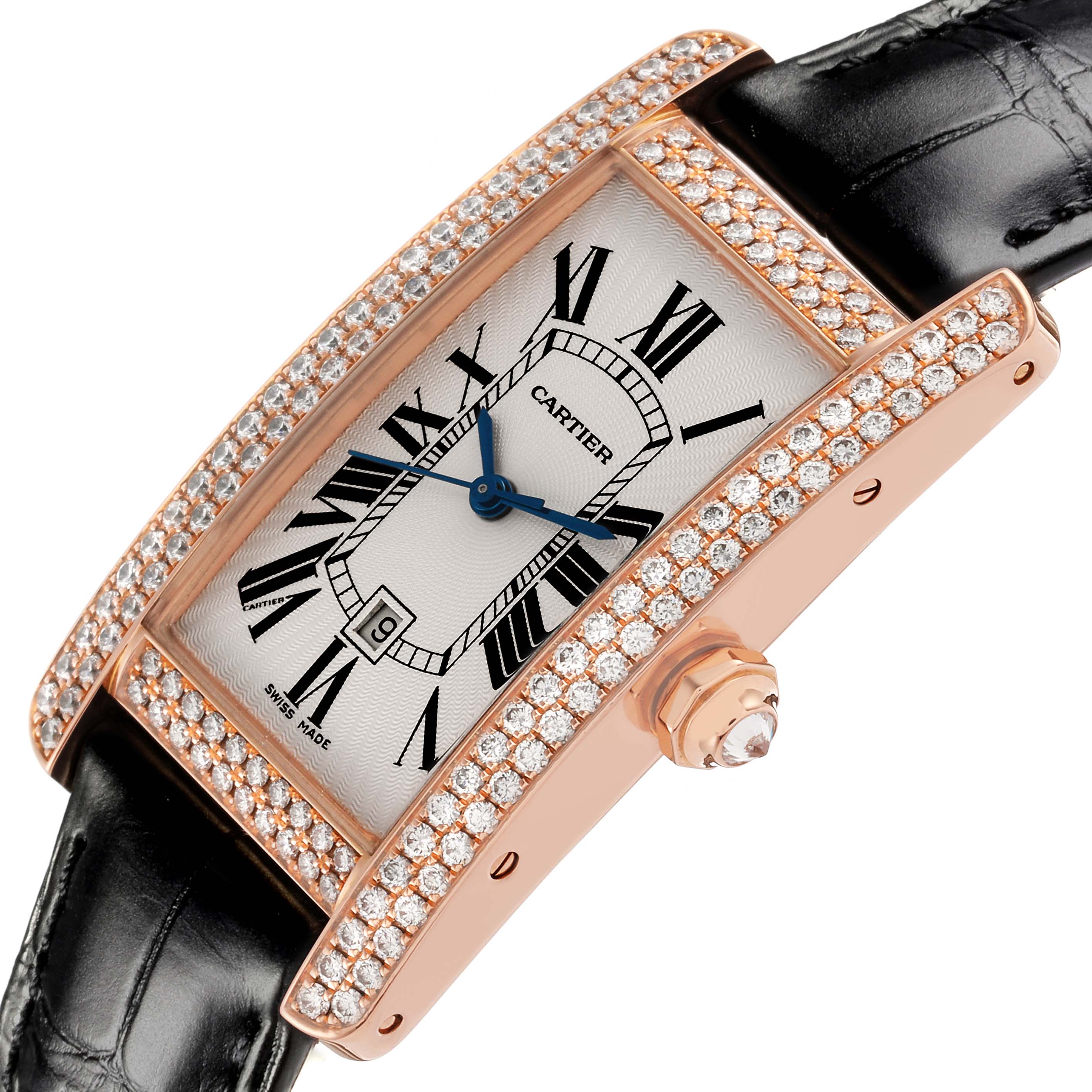 The Cartier Tank Americaine 2504 Women's Rose Gold Silver Dial 2504 Women's Rose Gold Silver Dial is shown from a three-quarter angle, displaying its diamond-set case, dial, and crown.