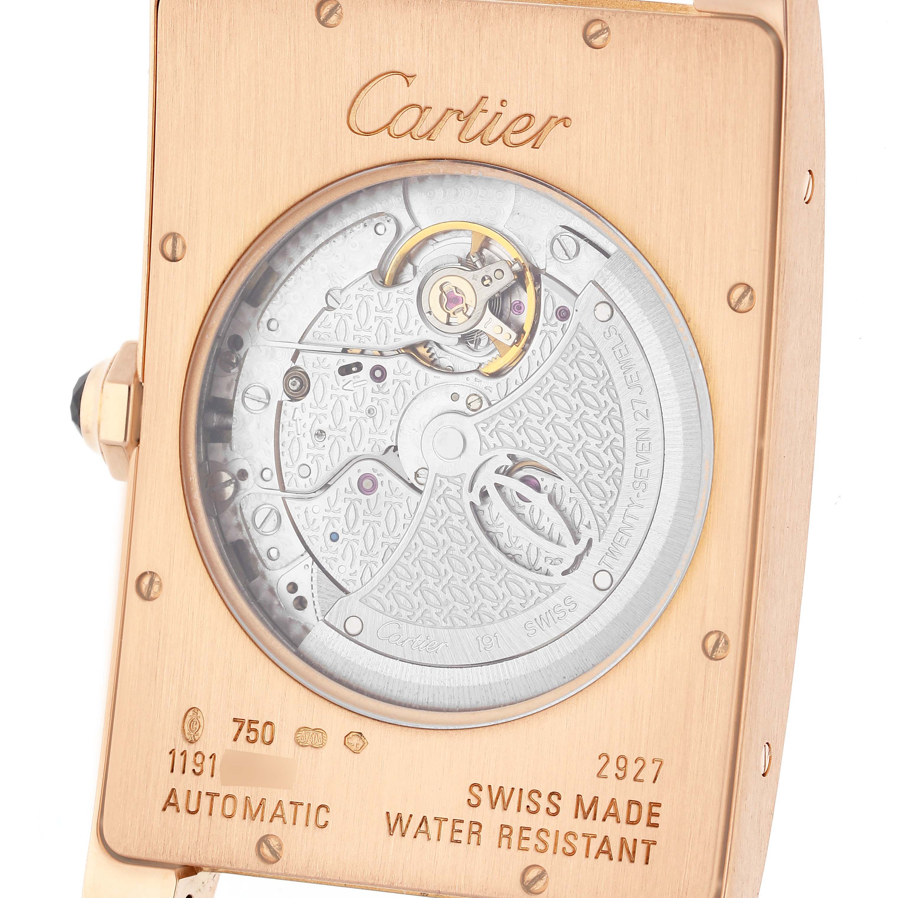 The image shows the back of a Cartier Tank Américaine watch, highlighting its automatic movement and Swiss-made craftsmanship.