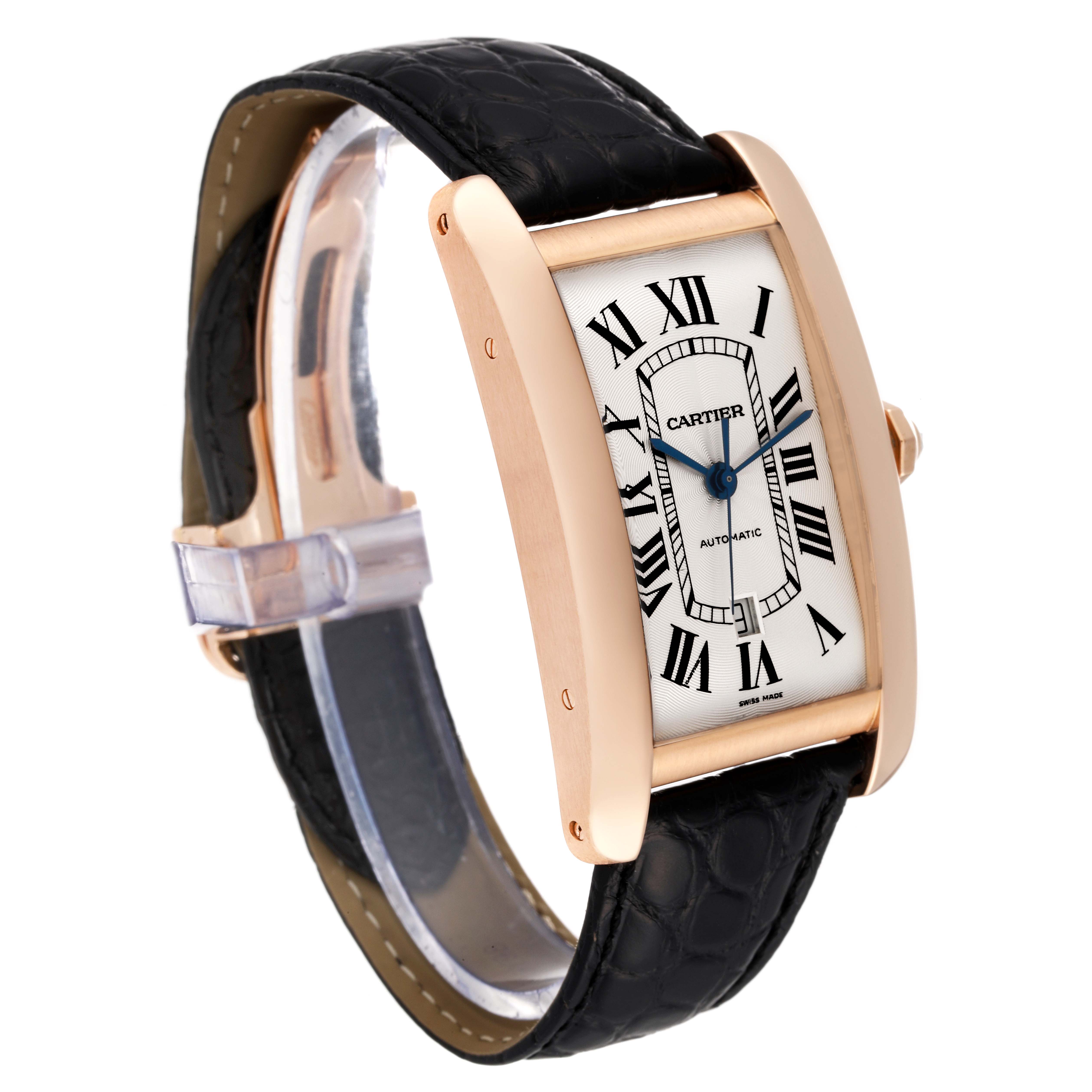 The image shows a Cartier Tank Americaine W2609856 Men
s Rose Gold Silver Dial W2609856 Men
s Rose Gold Silver Dial watch at a three-quarter angle, highlighting its face, case, and black leather strap.