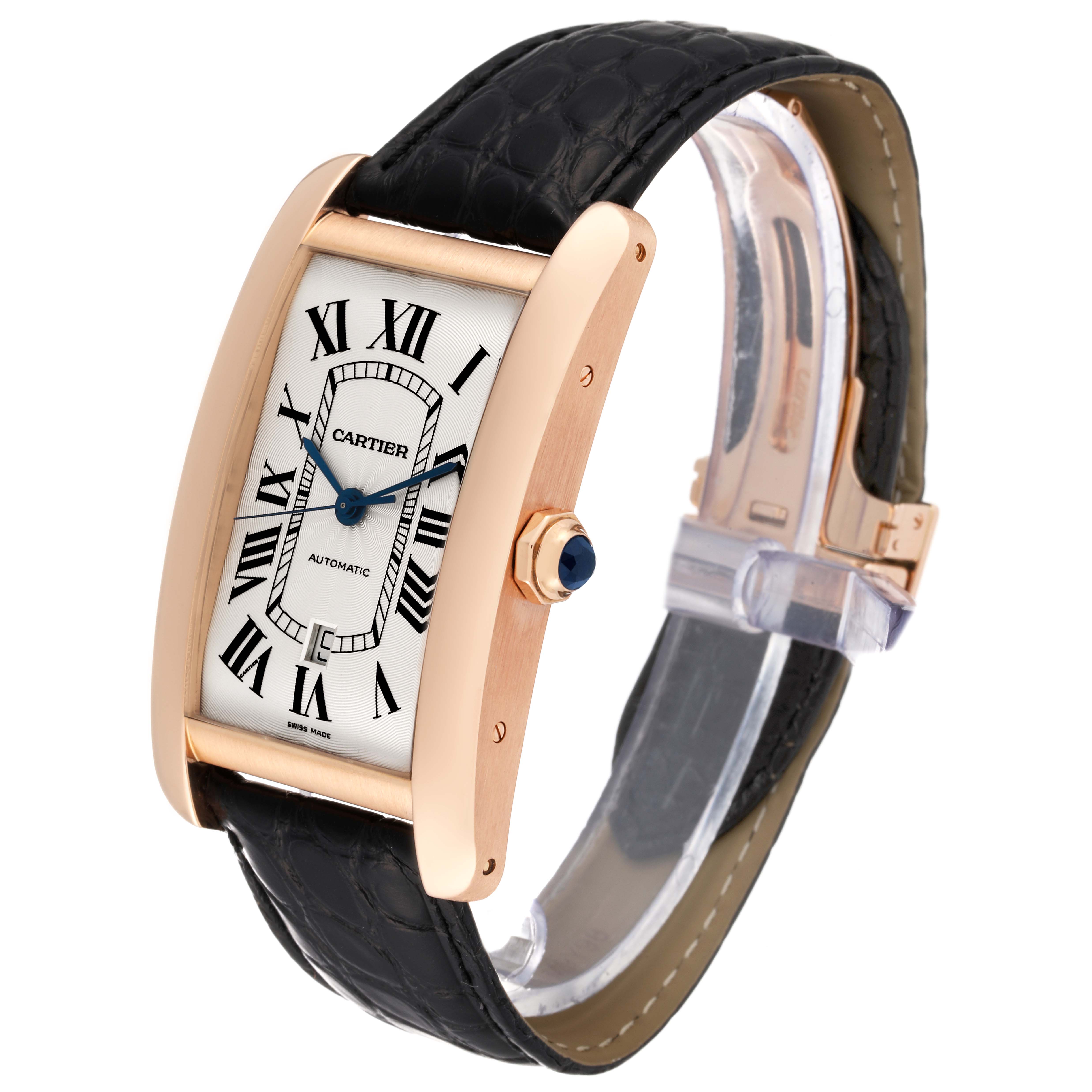 The Cartier Tank Americaine W2609856 Men
s Rose Gold Silver Dial W2609856 Men
s Rose Gold Silver Dial watch is shown at a three-quarter angle, displaying its face, black leather strap, and crown.