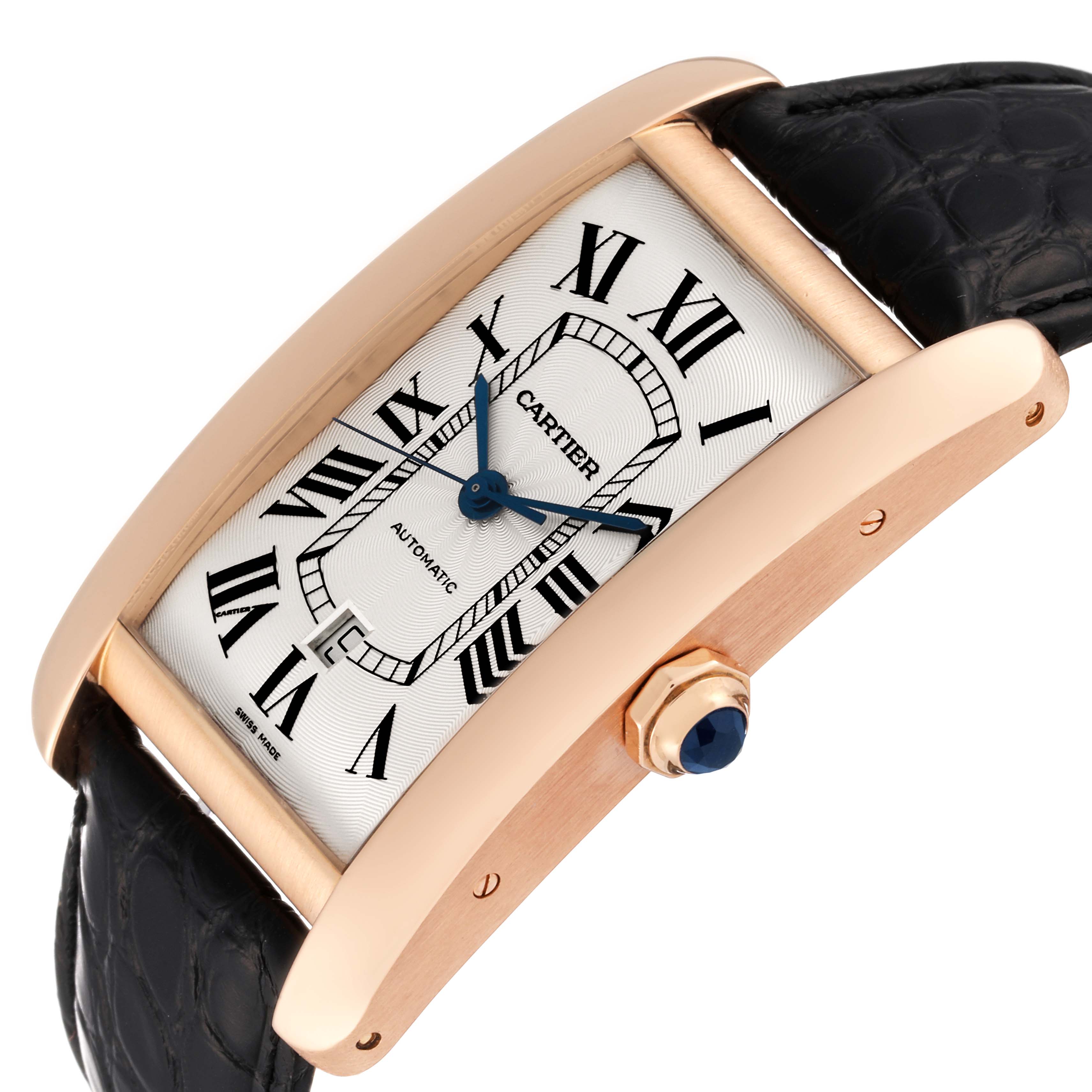 This Cartier Tank Americaine W2609856 Men
s Rose Gold Silver Dial W2609856 Men
s Rose Gold Silver Dial watch is shown at a slight angle, highlighting its gold case, Roman numeral dial, and black leather strap.