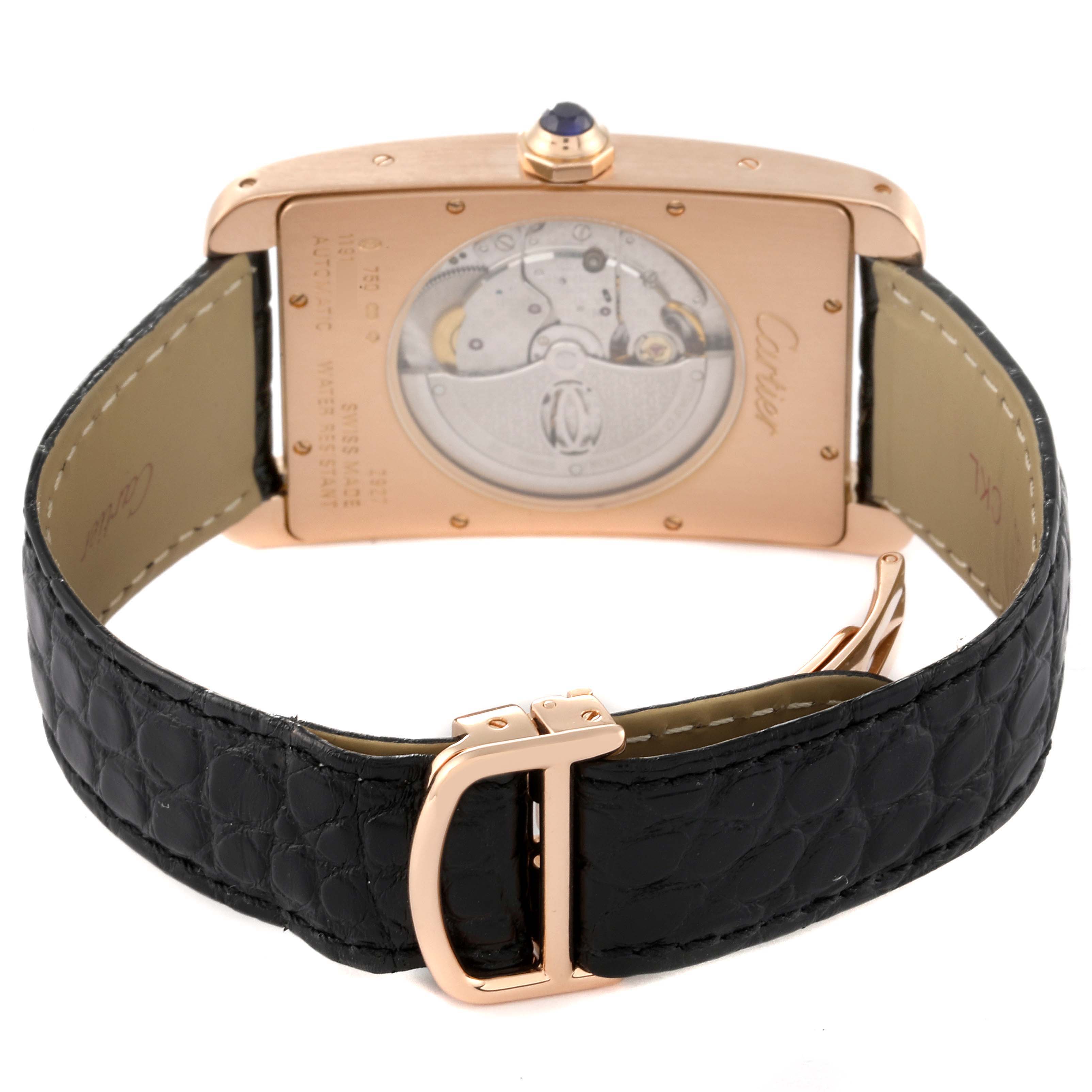 The image shows the back view of a Cartier Tank Americaine W2609856 Men
s Rose Gold Silver Dial W2609856 Men
s Rose Gold Silver Dial watch, featuring its movement, case back, strap, and buckle.
