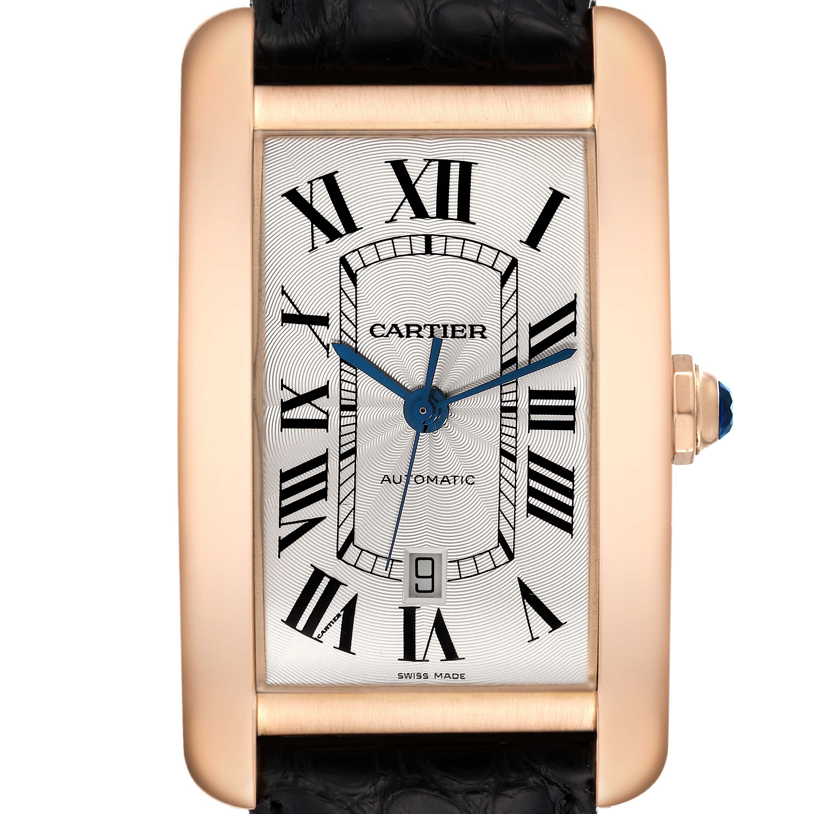 The image shows a frontal view of the Cartier Tank Americaine W2609856 Men
s Rose Gold Silver Dial W2609856 Men
s Rose Gold Silver Dial watch, highlighting its rectangular dial, blue hands, and Roman numerals.