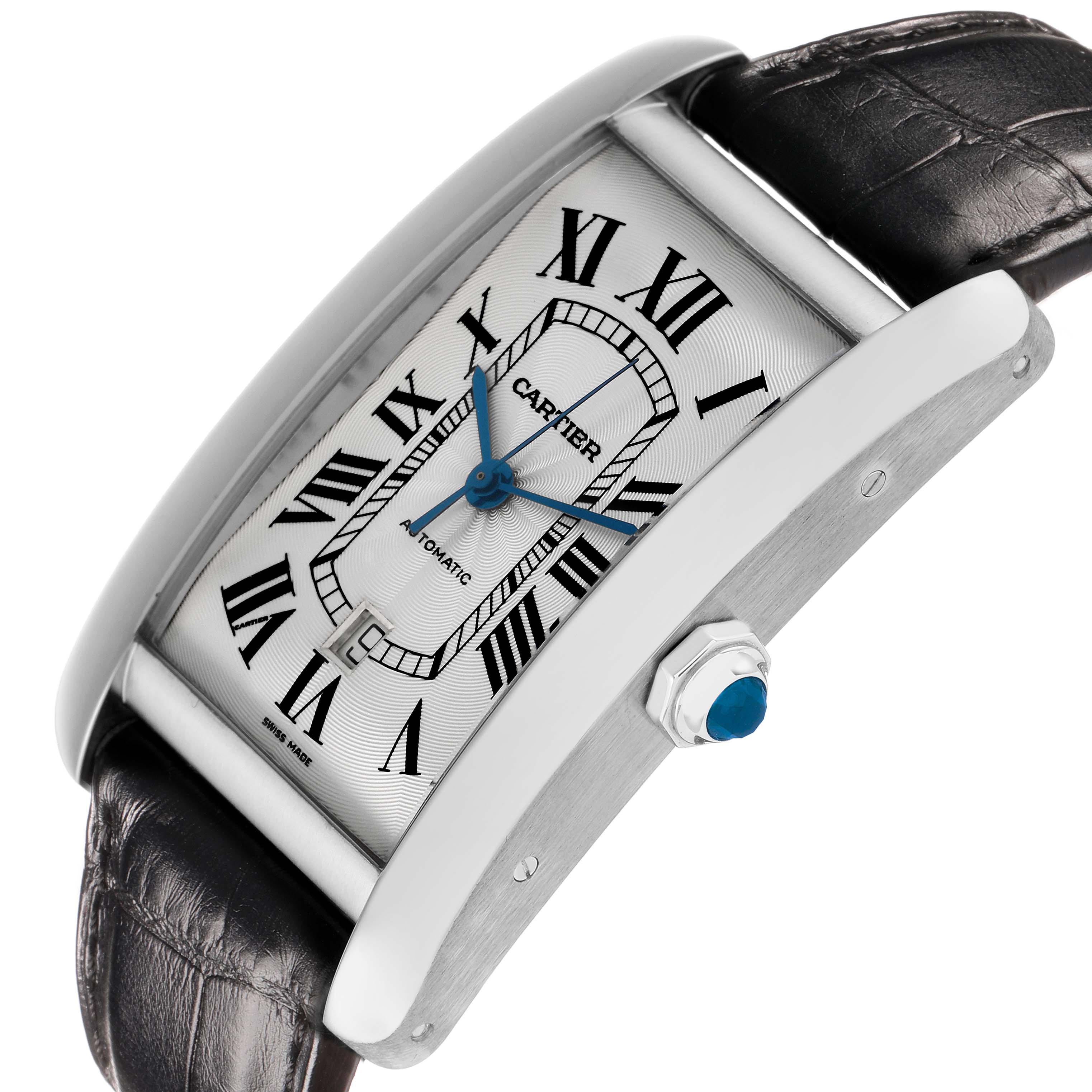 The Cartier Tank Americaine W2609956 Men's White Gold Silver Dial watch is shown from a side angle, displaying its rectangular dial, crown, and leather strap.