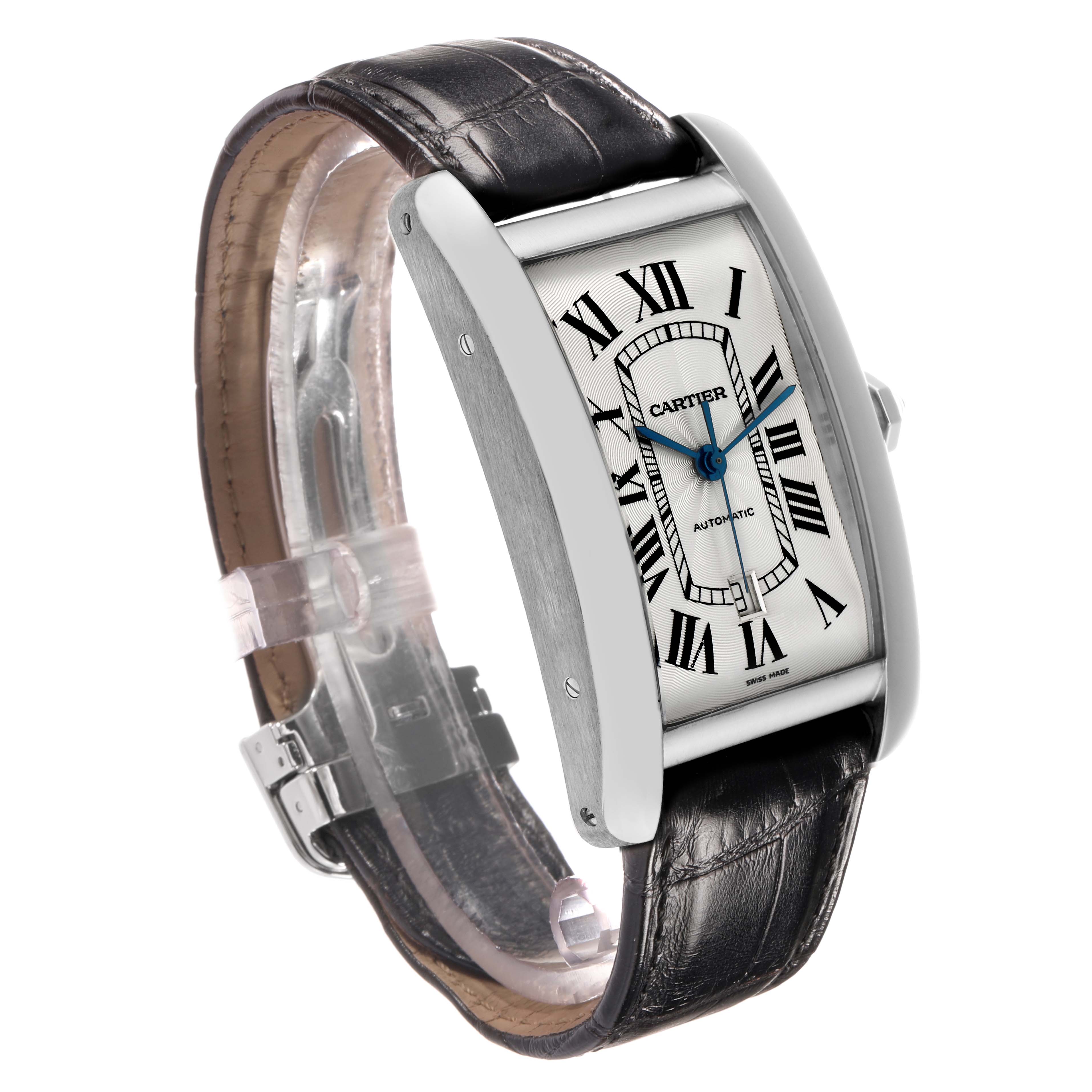 The Cartier Tank Americaine W2609956 Men's White Gold Silver Dial watch is shown at a three-quarter angle, highlighting the face with Roman numerals, blue hands, and its leather strap.