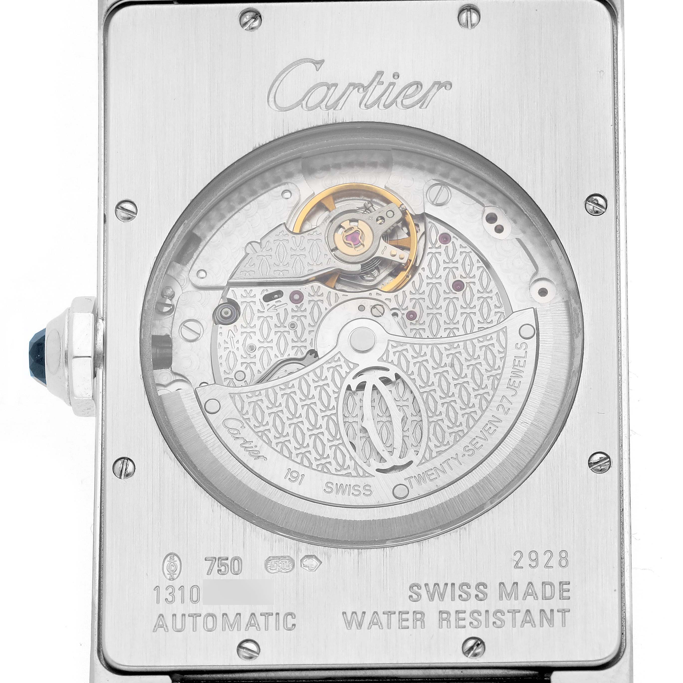 The image shows the back of the Cartier Tank Américaine watch, highlighting the automatic movement and engravings.